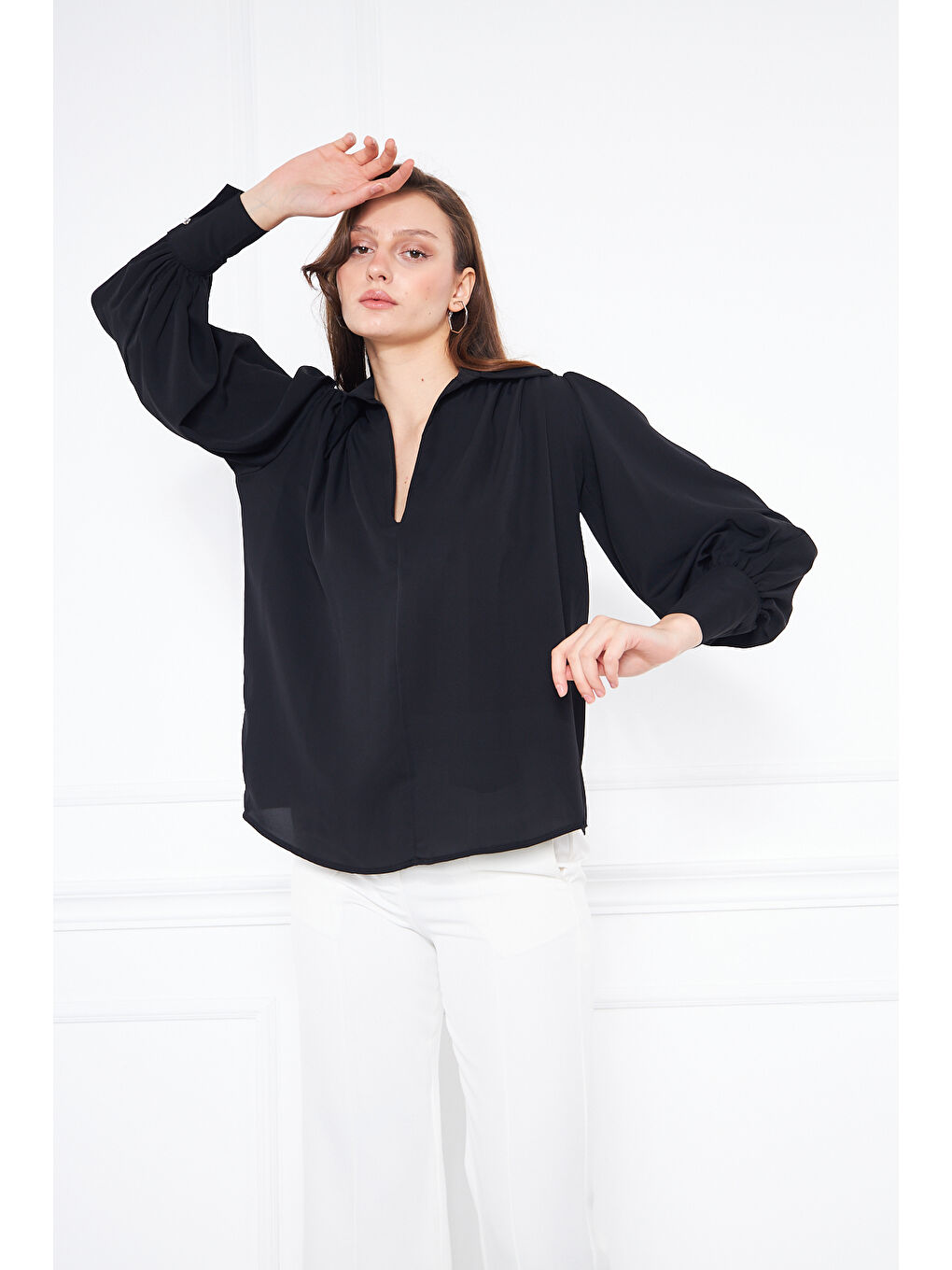 Kadın Trend Balon Kol Oversize Siyah Bluz Gömlek-2