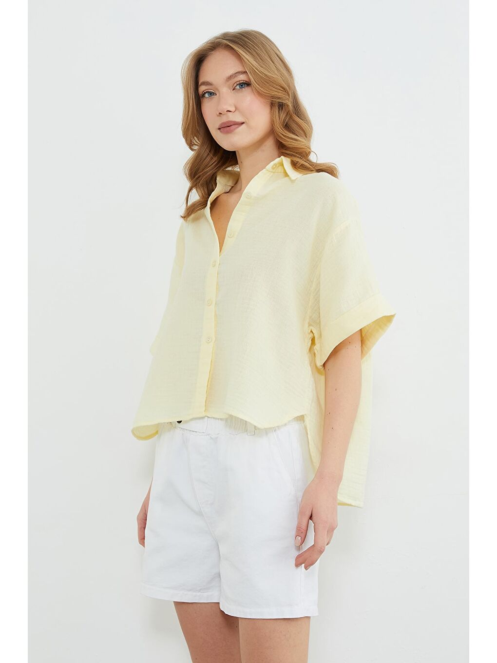 Sarı Basic Kolu Katlı Müslin Kumaş Salaş Gömlek-3