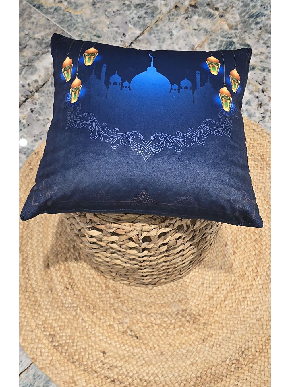 ASDIVA Mavi Ramazan Temalı Dekoratif Kırlent Kılıfı 43x43 cm - 1