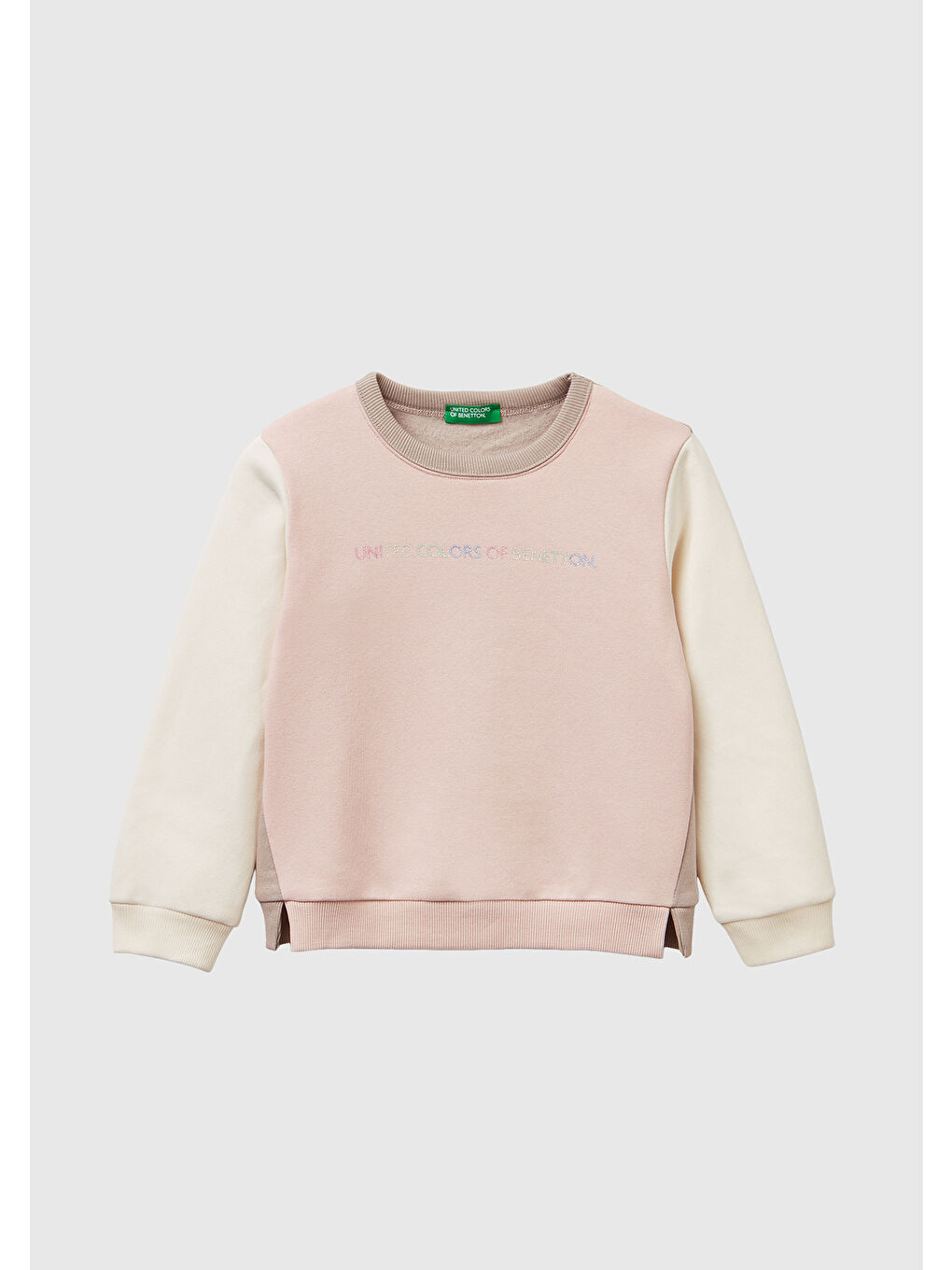 Kız Çocuk Pembe-Ekru Renk Bloklu Simli Logo Baskılı Yırtmaçlı Şardonlu Sweatshirt