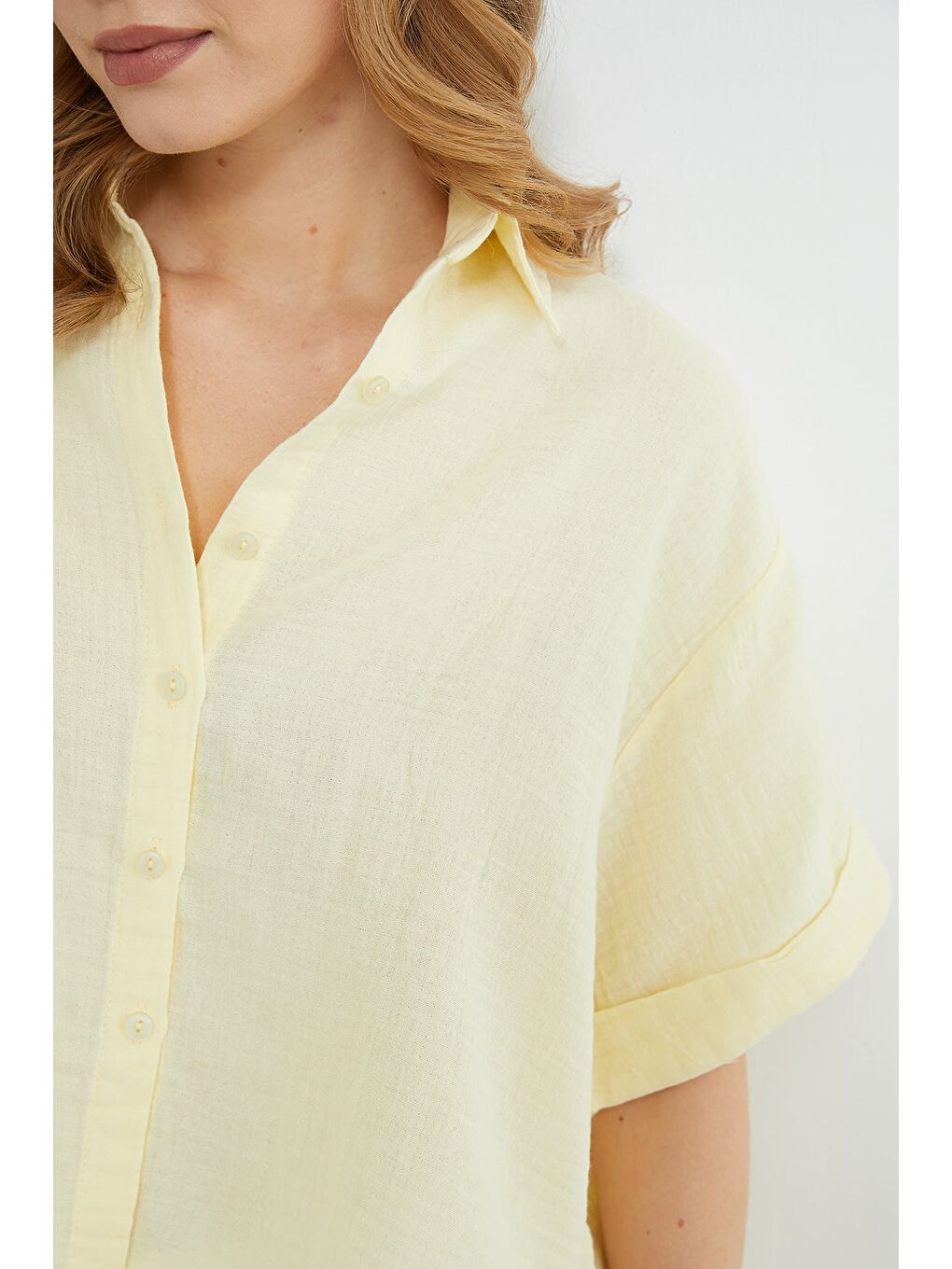 Sarı Basic Kolu Katlı Müslin Kumaş Salaş Gömlek-4