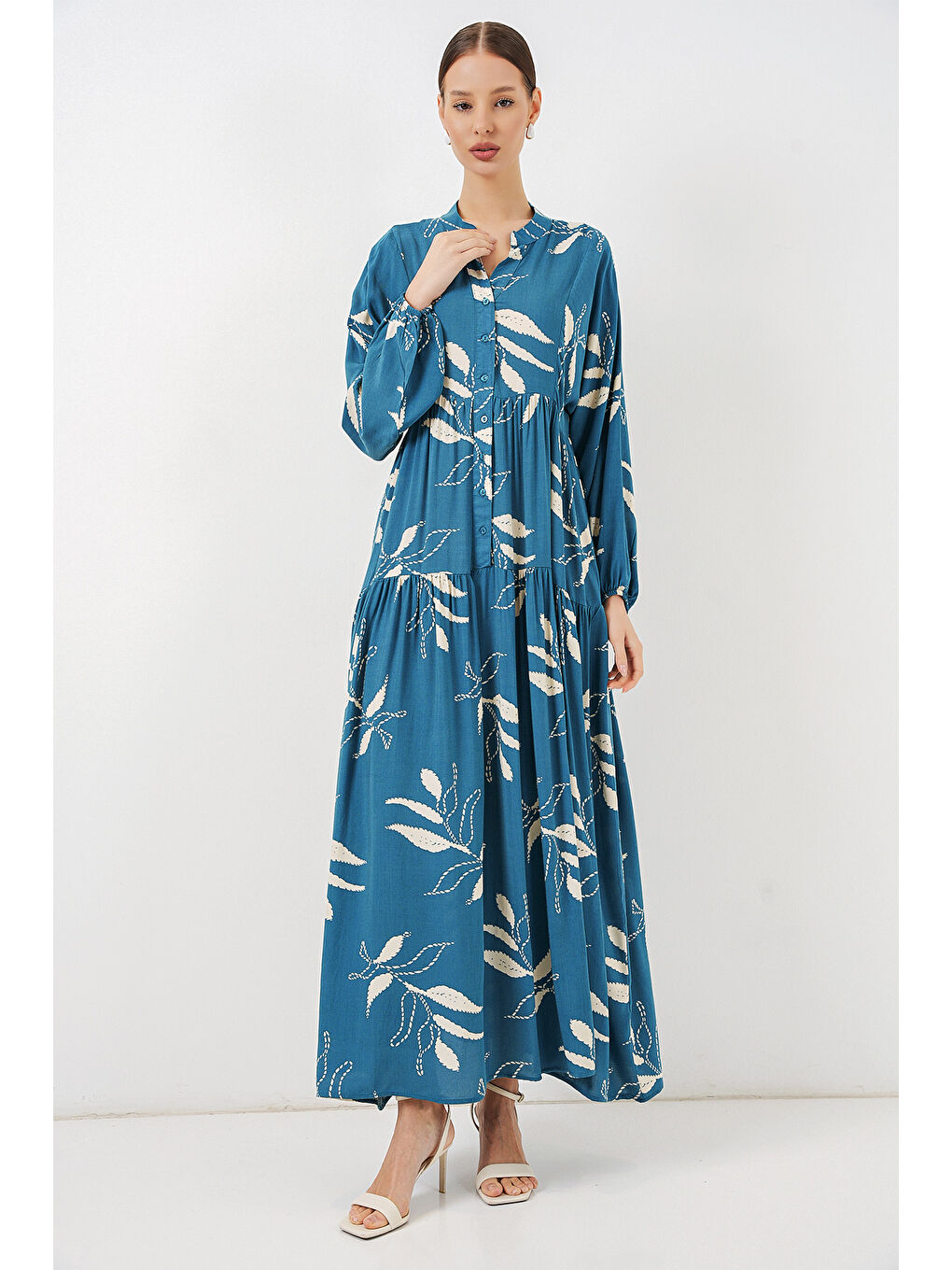 Kadın Desenli Uzun Tesettür Elbise 2585 - Petrol-3