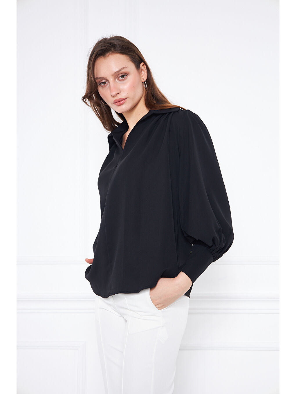 Kadın Trend Balon Kol Oversize Siyah Bluz Gömlek-3