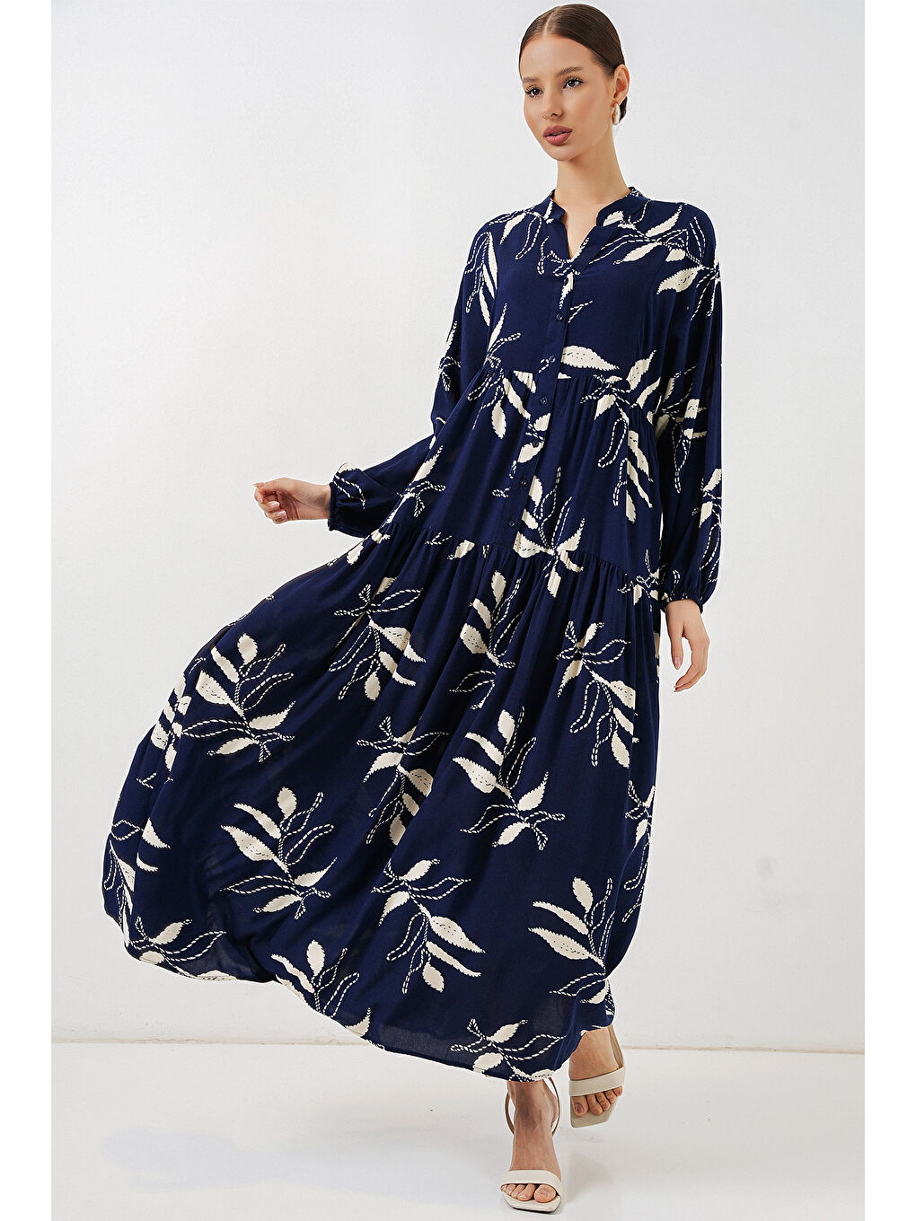 Kadın Desenli Uzun Tesettür Elbise 2585 - D.Lacivert-4