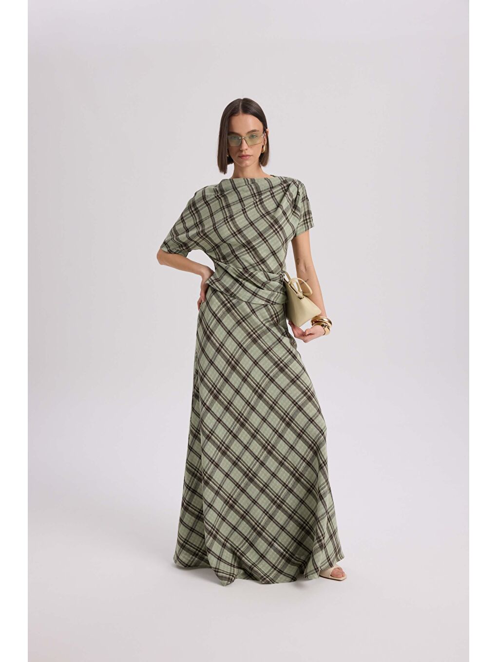 Petunya Ekoseli Yeşil Crop Etek Takım-5