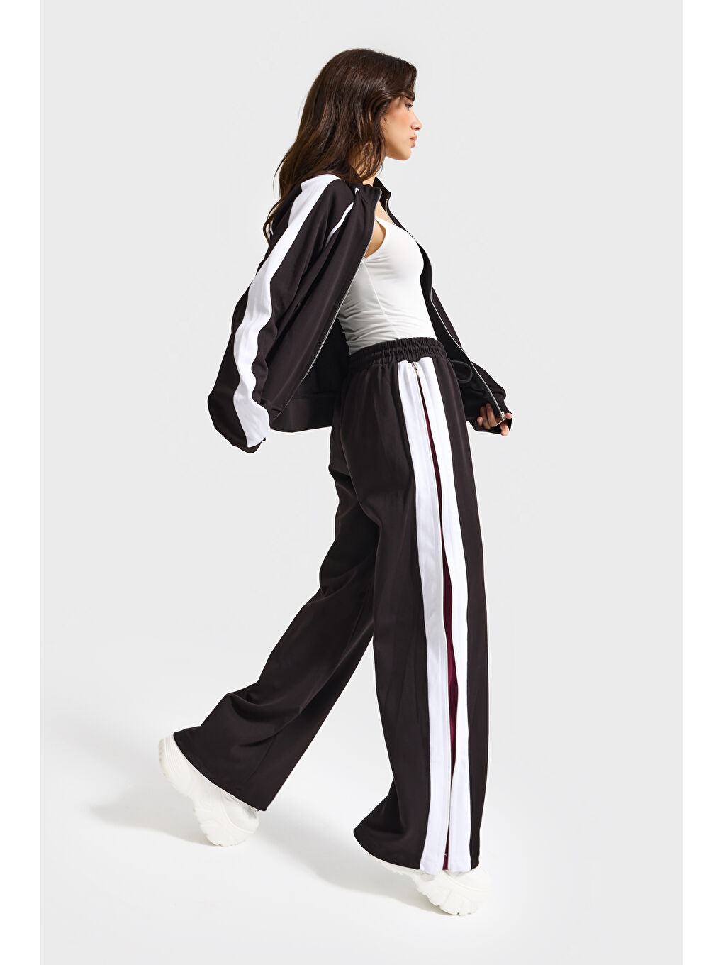 Kadın Siyah Beyaz w5-1 Bol Kesim Polar ve Eşofman Tasarım 2'li Kombin Takım-2