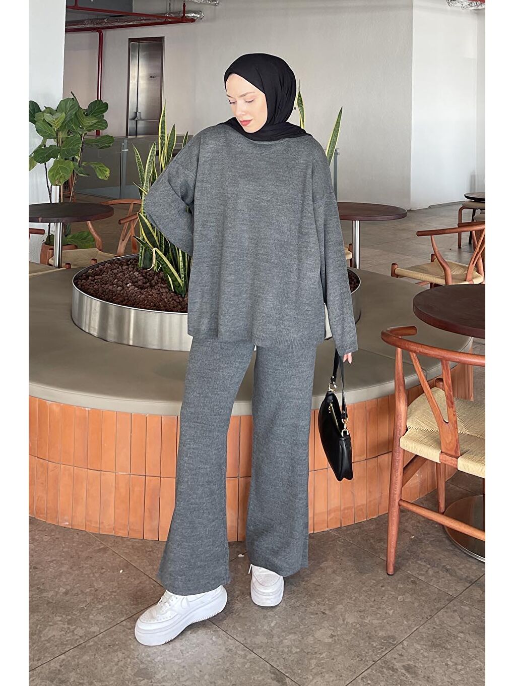 Düz İkili Triko Tesettür Takım Antrasit