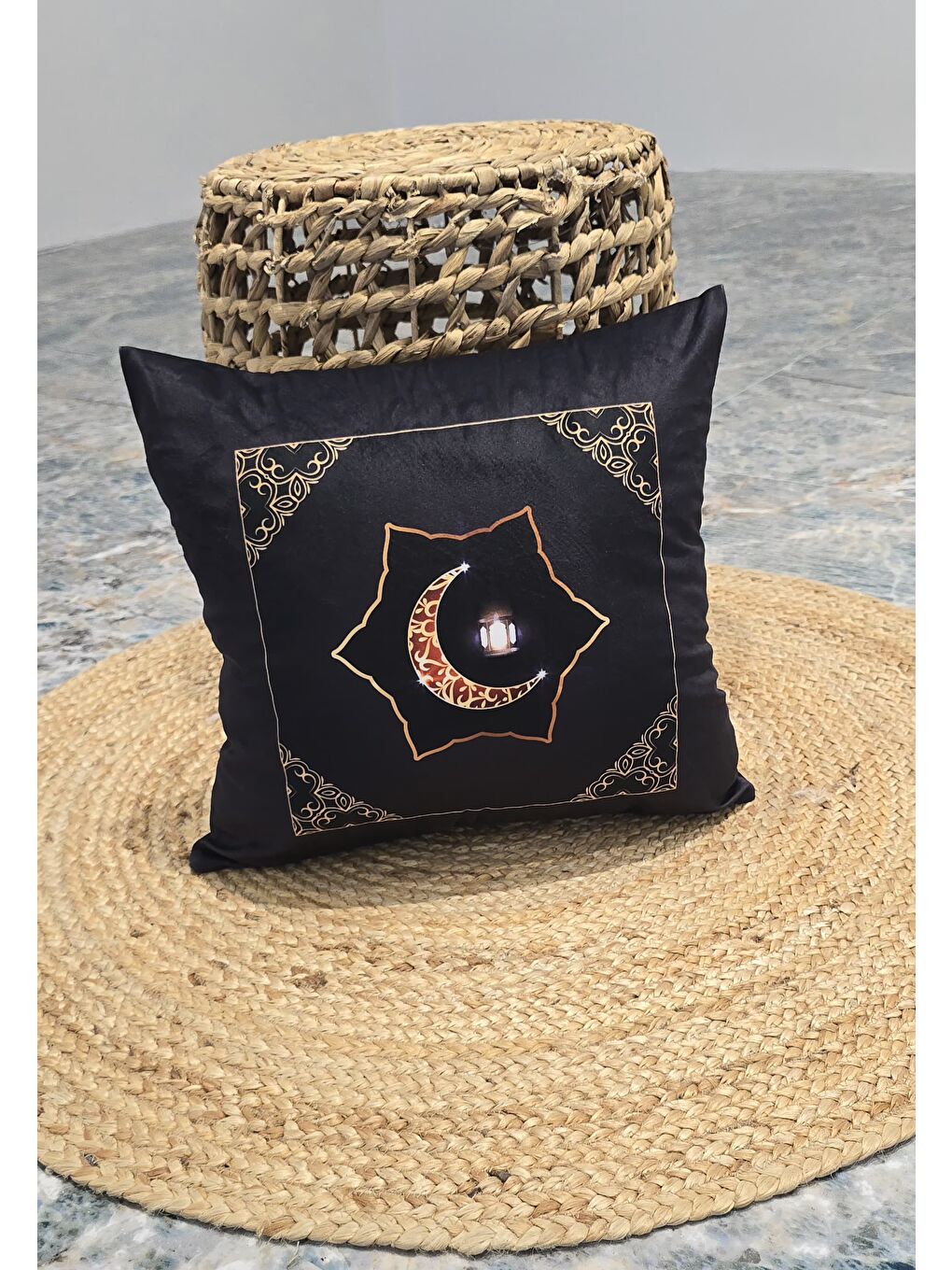 Antrasit Ramazan Temalı Dekoratif Kırlent Kılıfı 43x43 cm-1