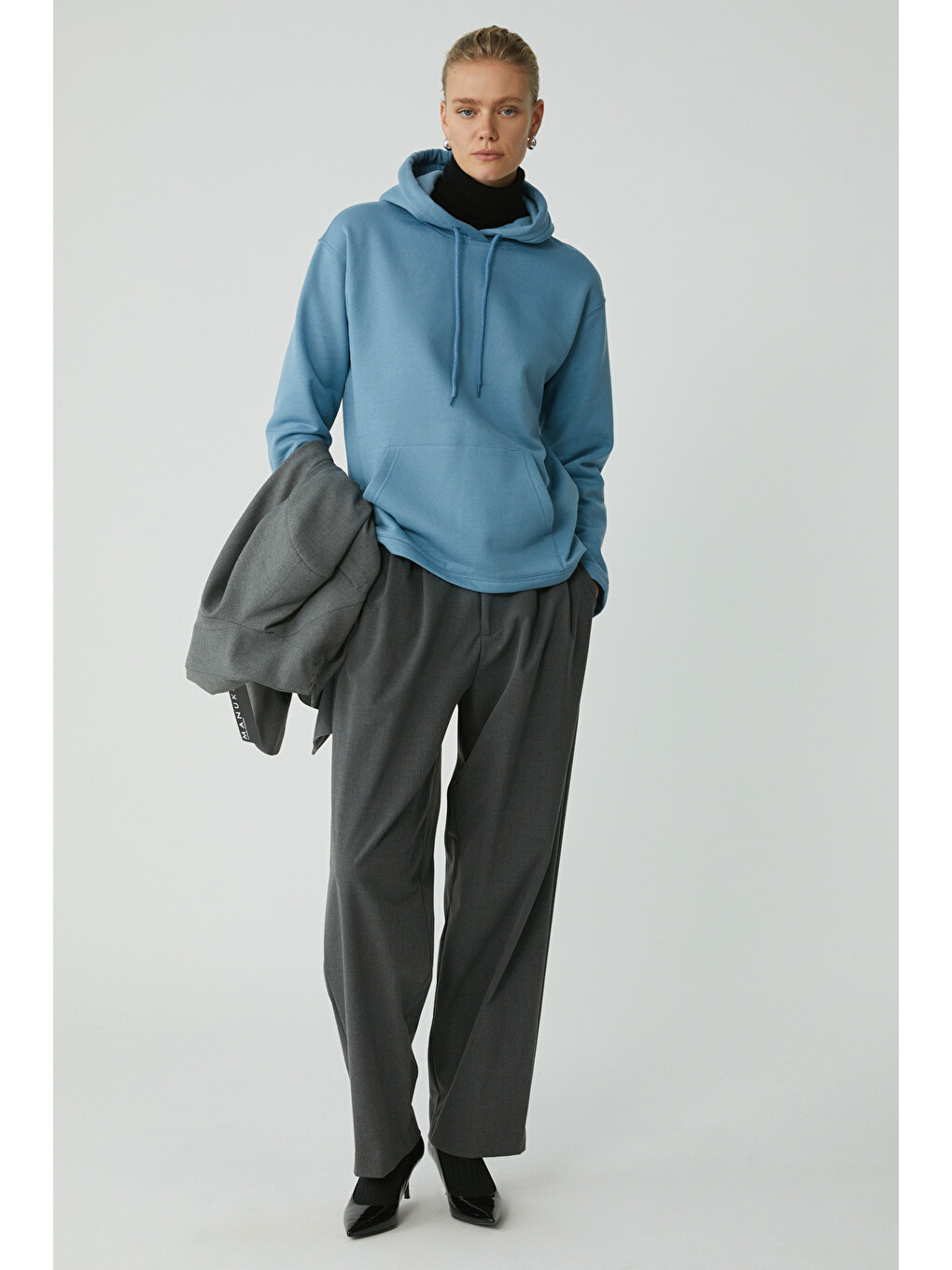 Pıper Kadın Içi Polarlı Yumuşacık Comfort Fit Kapüşonlu Kanguru Cepli Mavi Sweatshirt-1