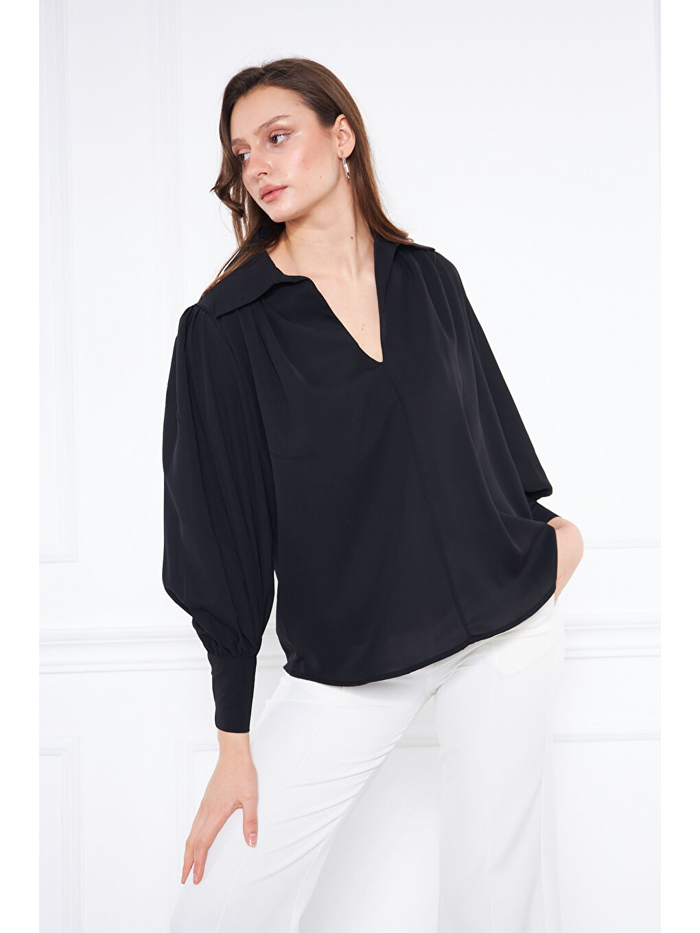 Kadın Trend Balon Kol Oversize Siyah Bluz Gömlek-4