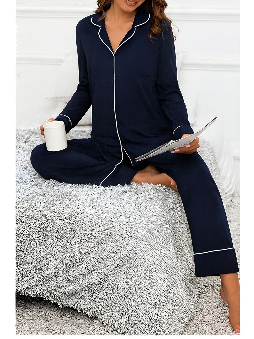 Lacivert Gömlek Yaka Önden Düğmeli Uzun Kol Rahat Form Hamile ve Lohusa Pijama Takımı-4