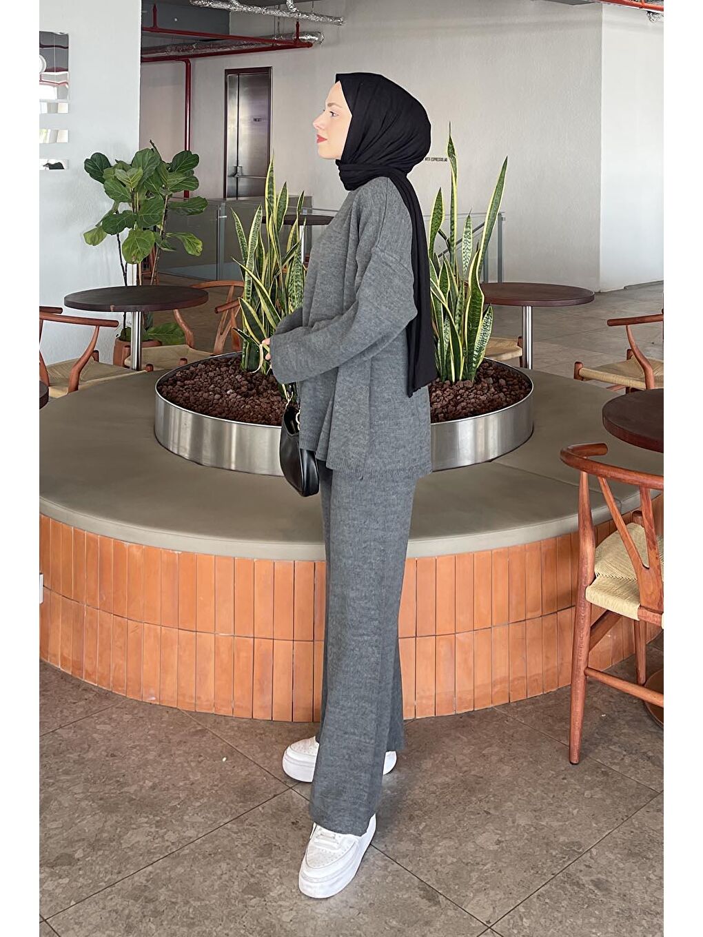 Düz İkili Triko Tesettür Takım Antrasit-1