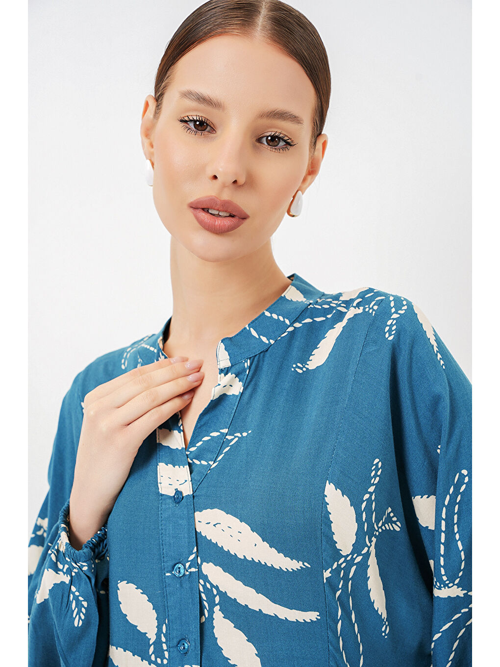 Kadın Desenli Uzun Tesettür Elbise 2585 - Petrol-4