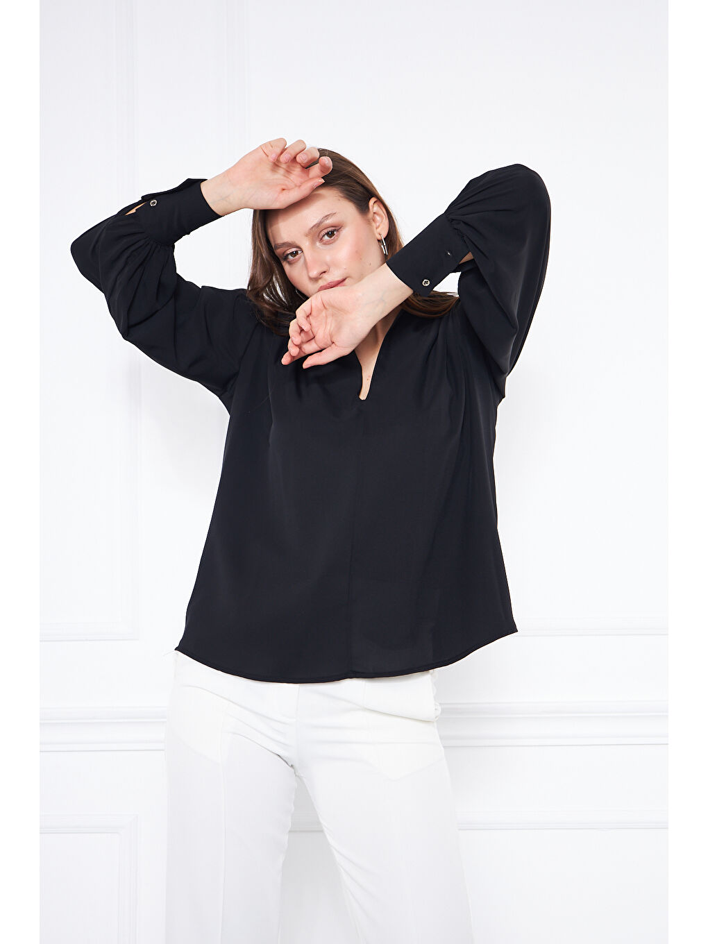 Kadın Trend Balon Kol Oversize Siyah Bluz Gömlek-5