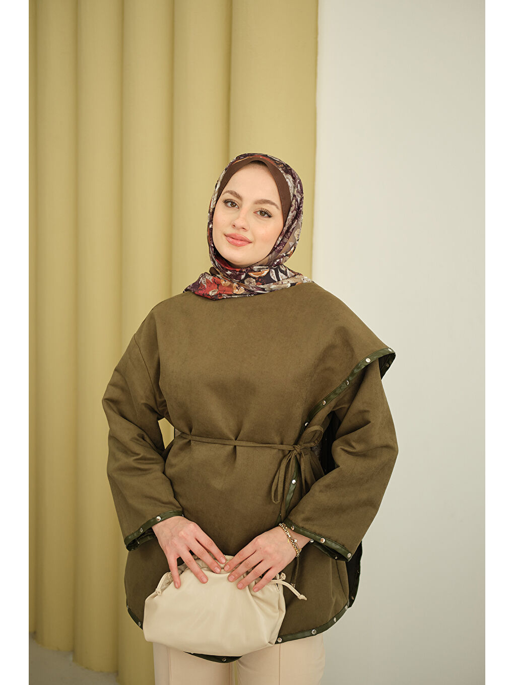 Kadın Dikişleri Deri Detay Ceket Haki Yeşil-1