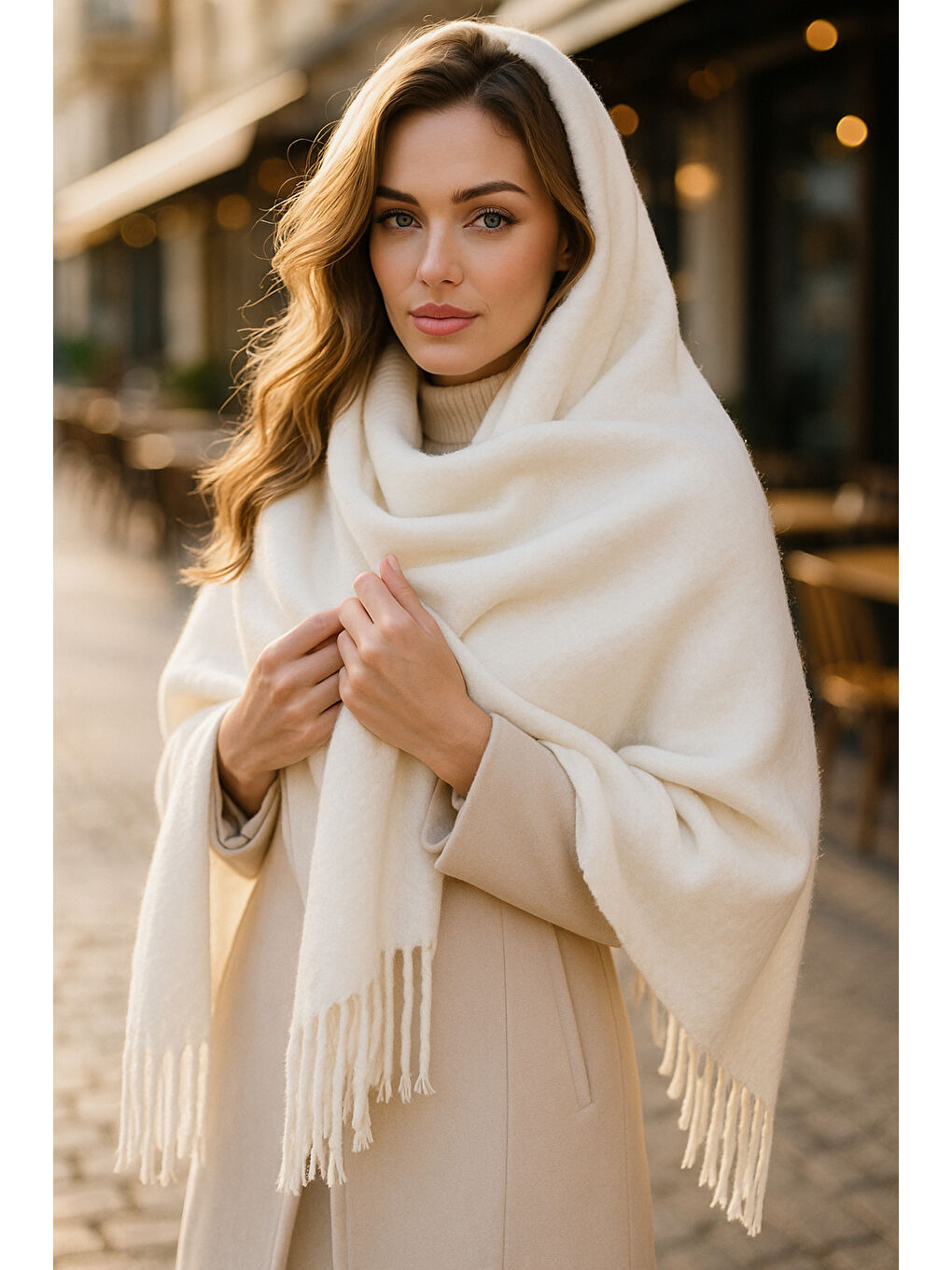 Ekru Püsküllü Atkı – Şal Ve Geniş Yapı, Soğuk Hava Için Ideal Sal1296-5