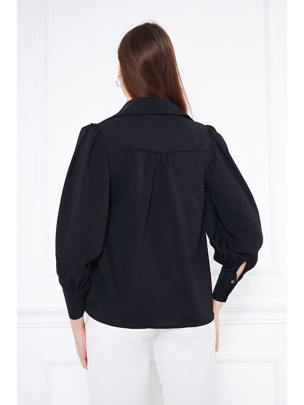 Kadın Trend Balon Kol Oversize Siyah Bluz Gömlek-6