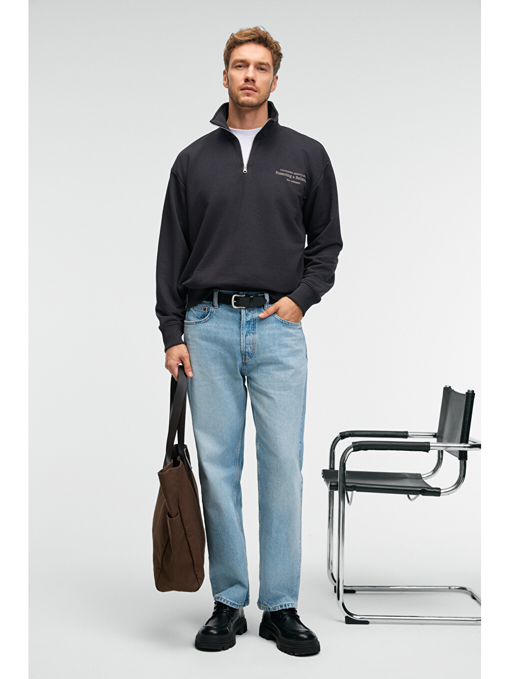 Bram Erkek %100 Pamuk Dik Yakalı Yarım Fermuarlı Baskılı Antrasit Sweatshirt-1
