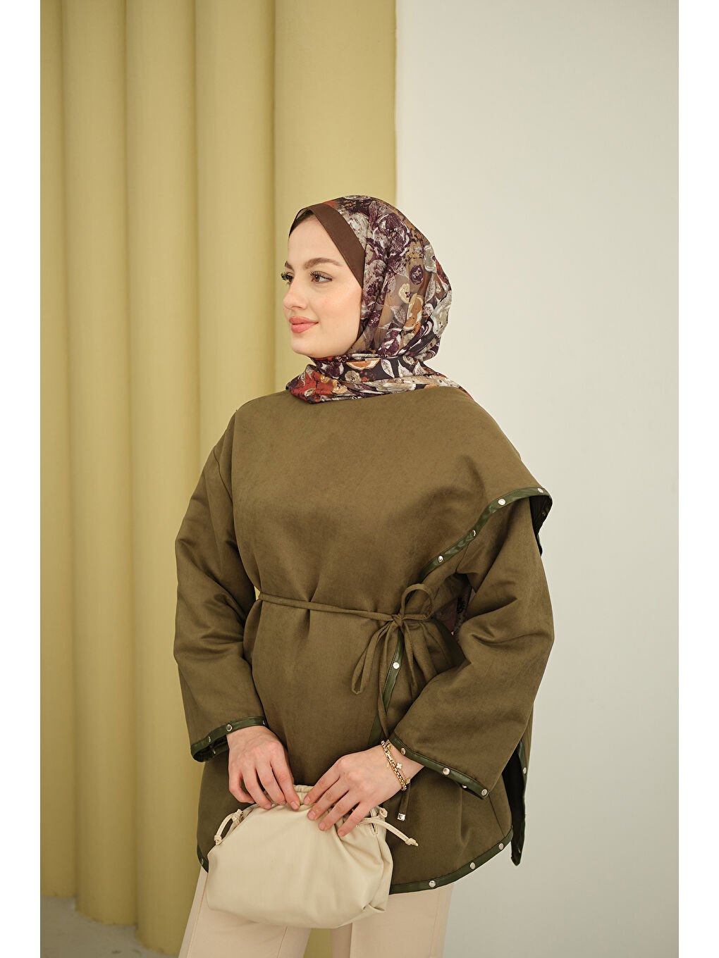 Kadın Dikişleri Deri Detay Ceket Haki Yeşil-2