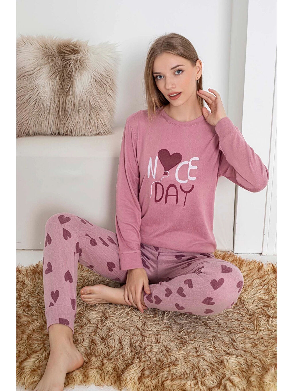 Pembe Desenli Kadın Pijama Takımı 2081-1