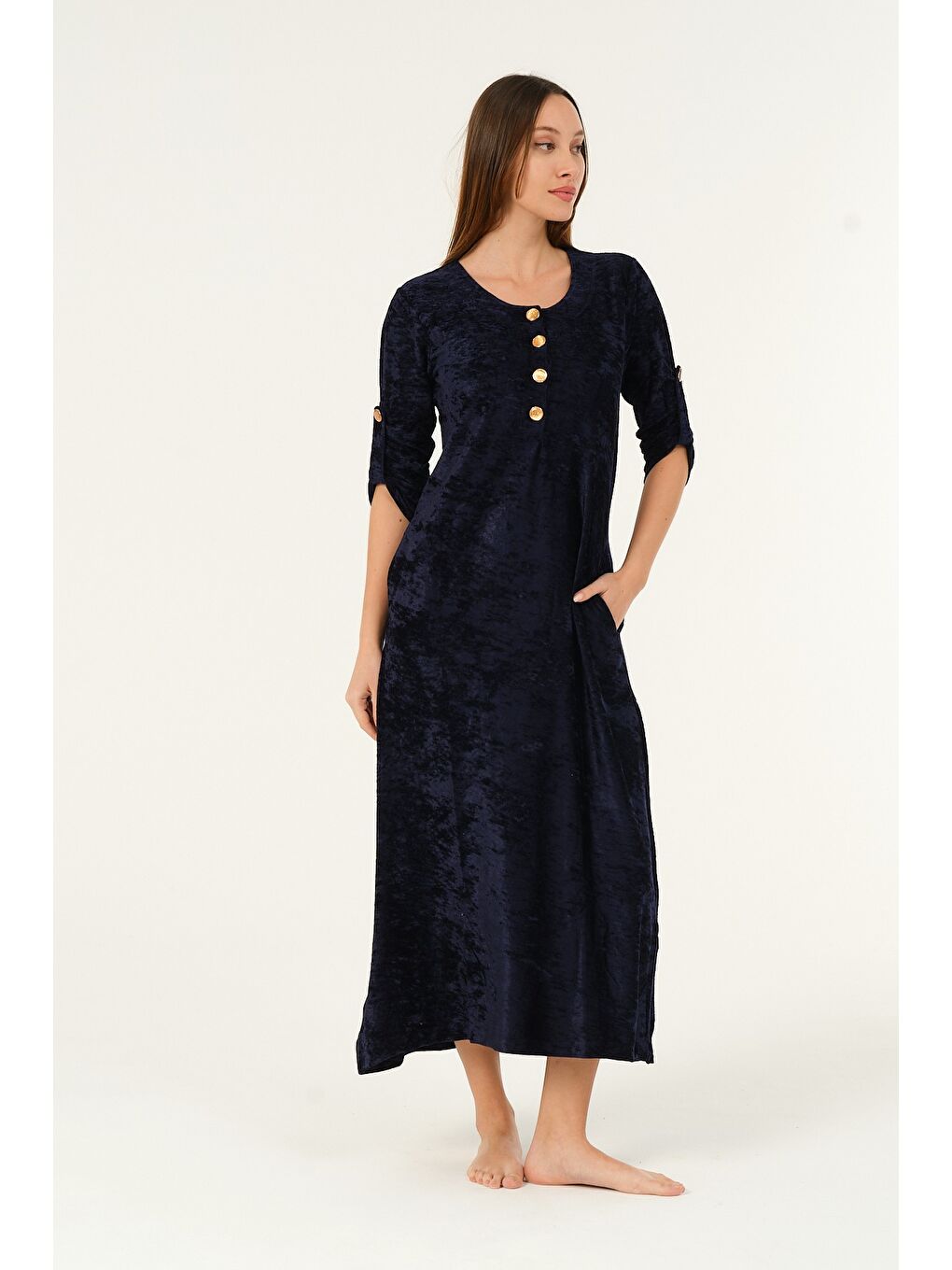 Lacivert lacivert maxi boy cepli düğmeli kadife uzun elbise