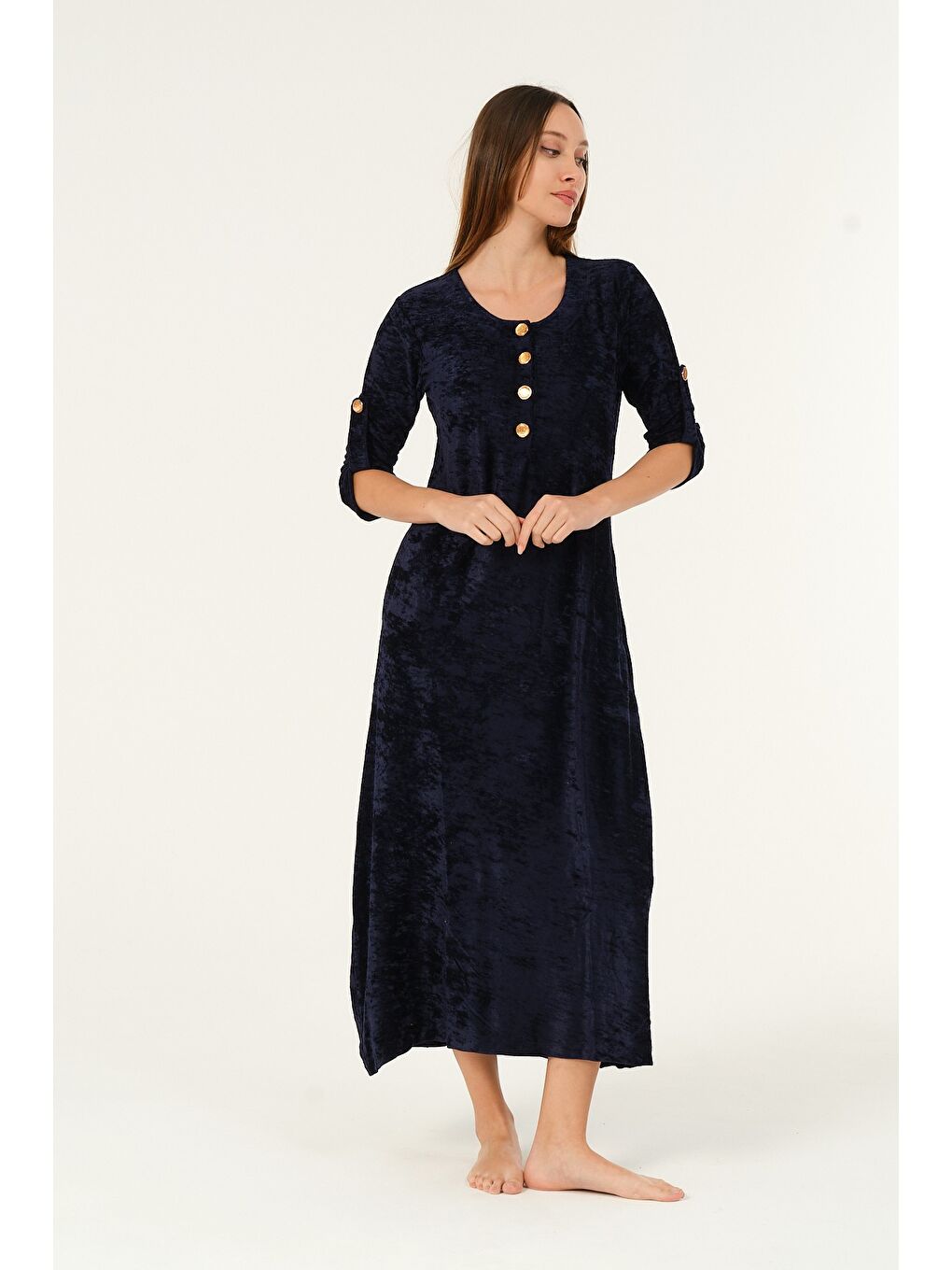 Lacivert lacivert maxi boy cepli düğmeli kadife uzun elbise-1