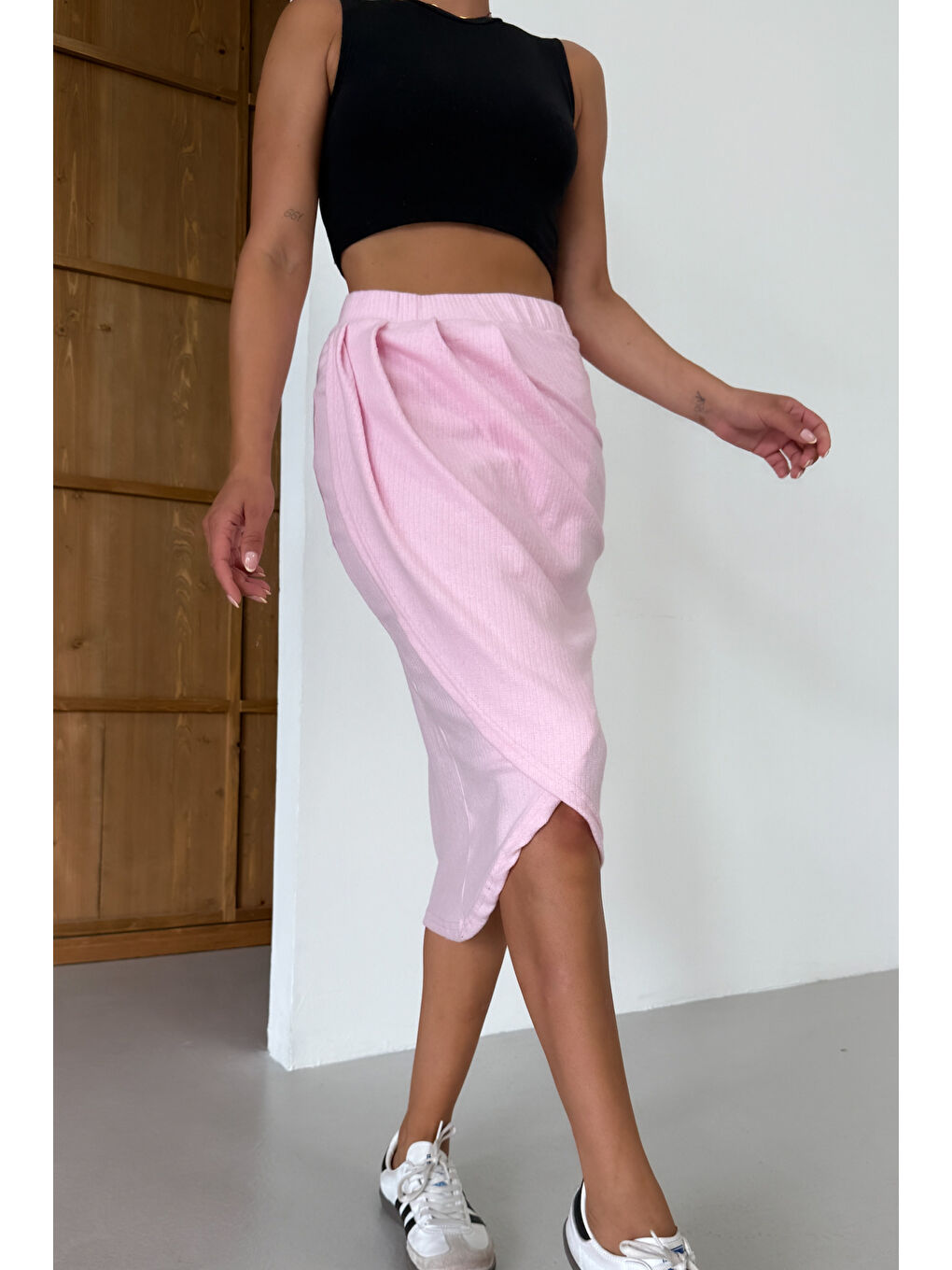 Kadın Pembe Bel Lastikli Kruvaze Midi Boy Etek-2