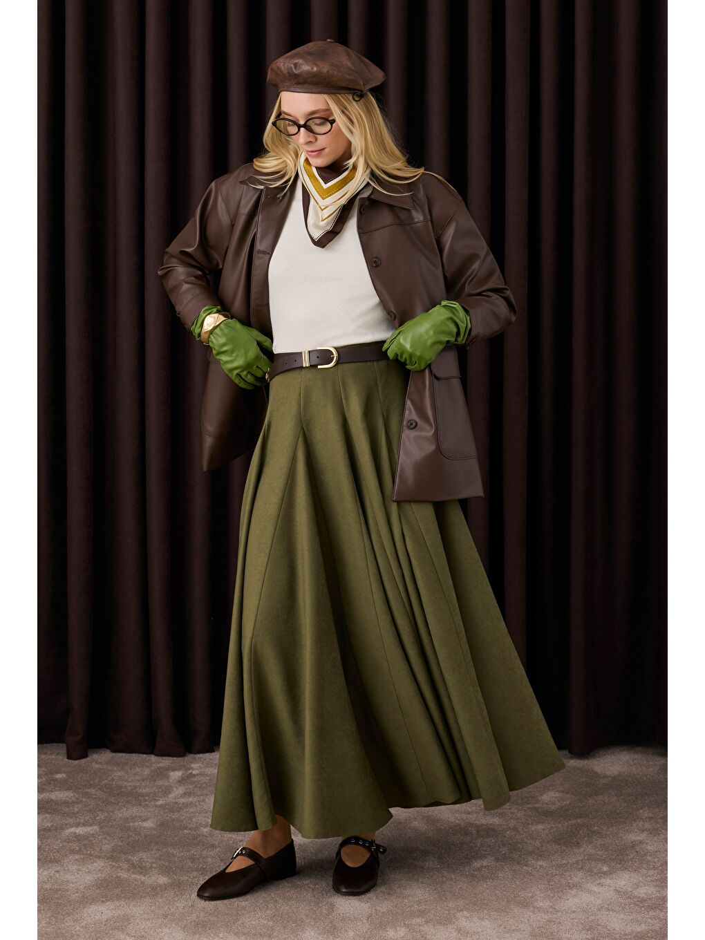 Yeşil Volanlı Süet Etek Yosun-1