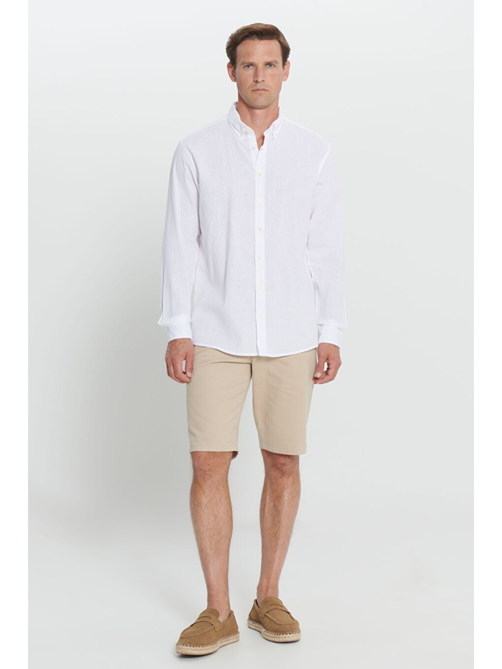 Erkek Beyaz Comfort Fit Rahat Kesim Düğmeli Yaka Keten Gömlek-7