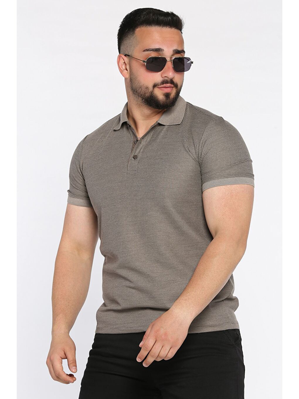 Bej Erkek Polo Yaka Yarım Düğmeli Tişört-1