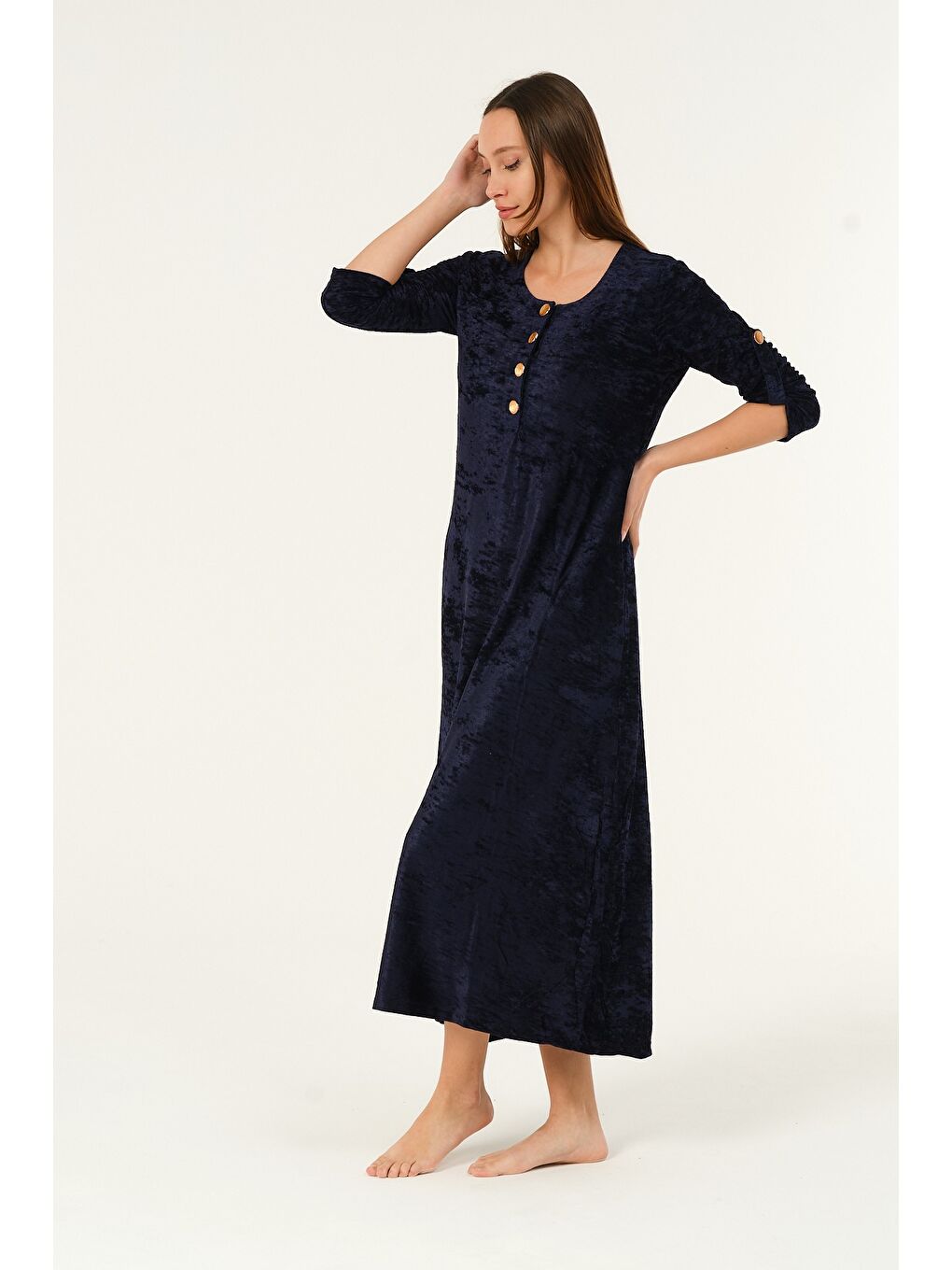 Lacivert lacivert maxi boy cepli düğmeli kadife uzun elbise-2