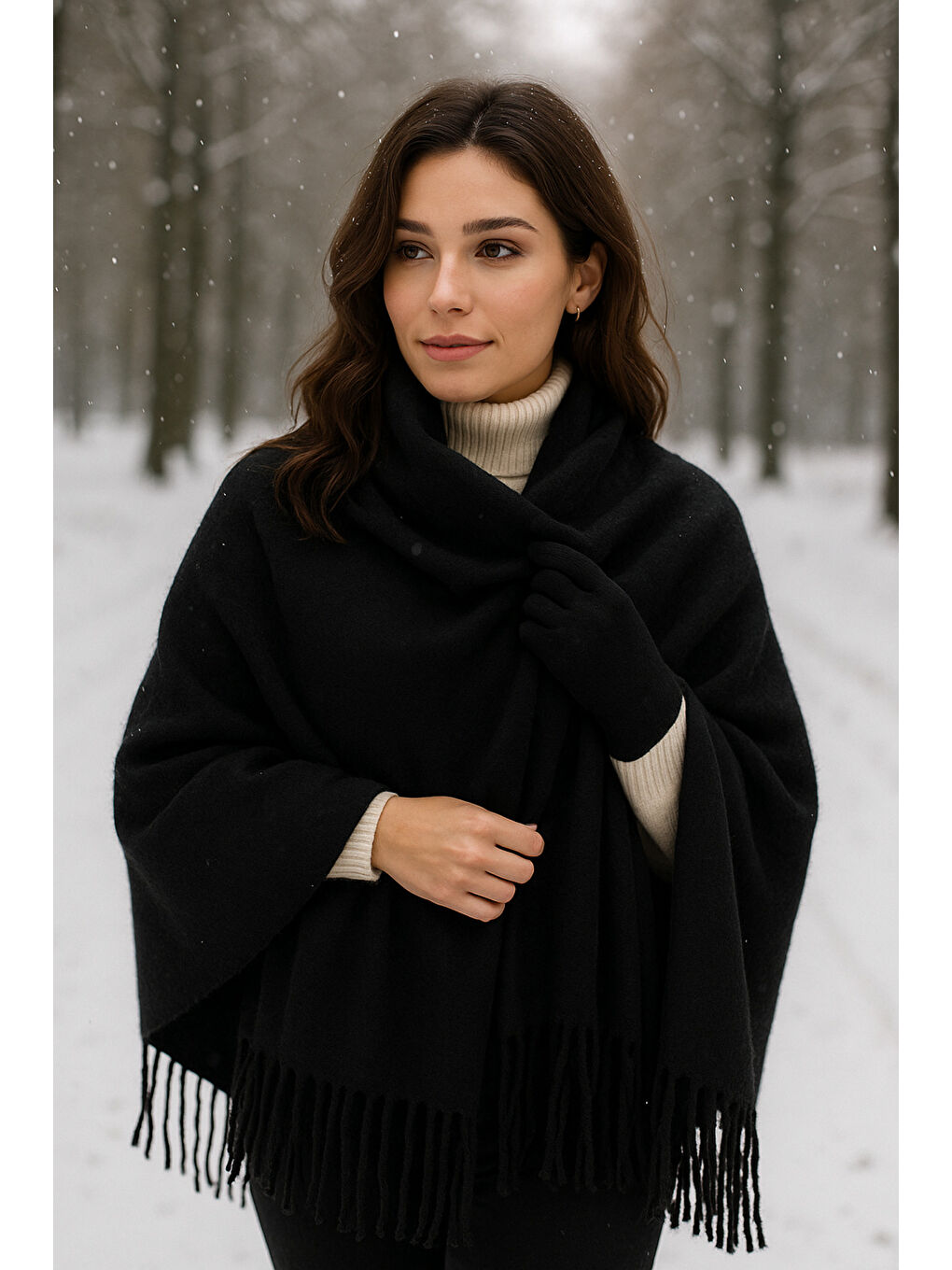 Siyah Püsküllü Atkı – Şal Ve Geniş Yapı, Soğuk Hava Için Ideal Sal1296-5