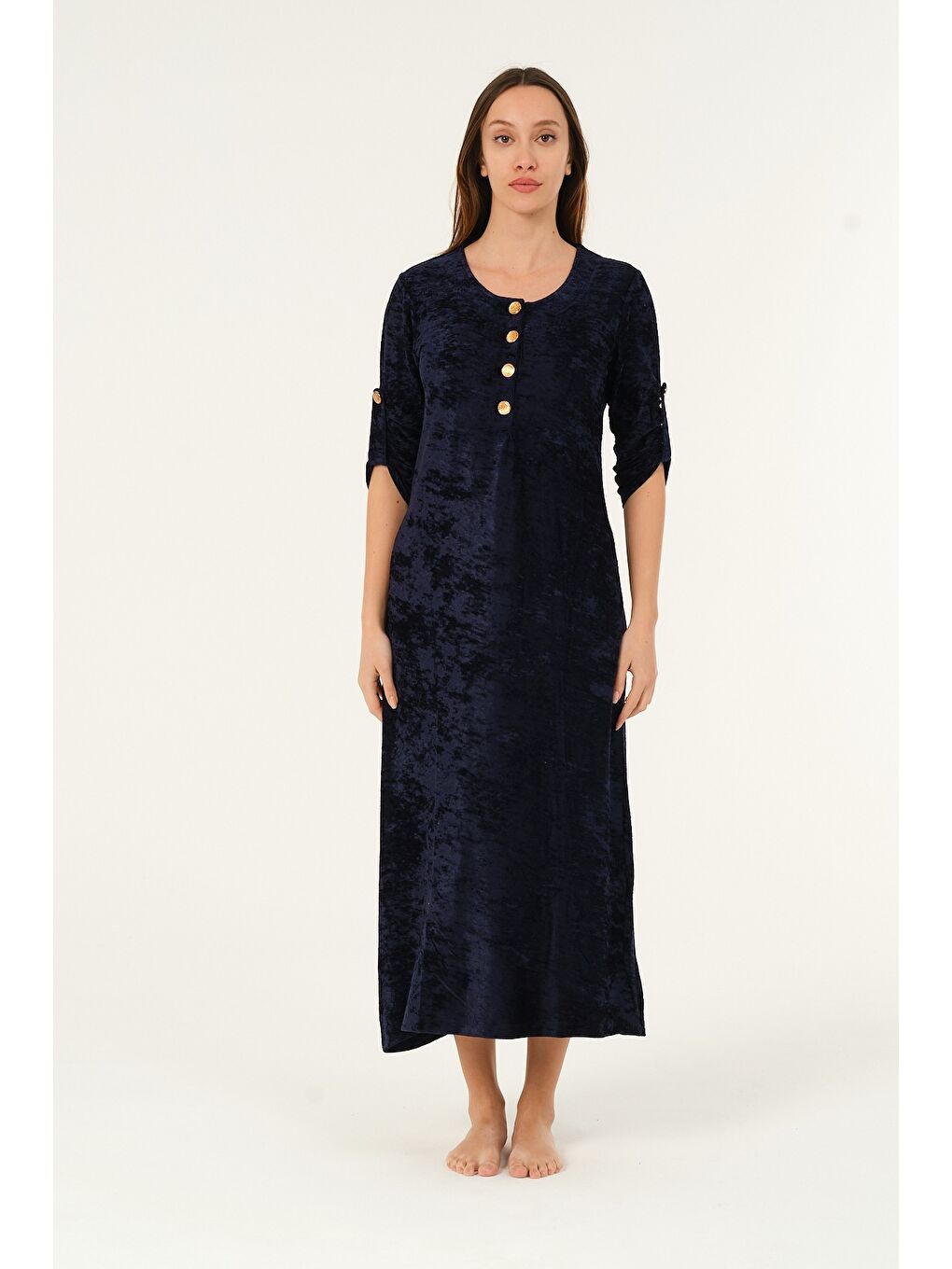 Lacivert lacivert maxi boy cepli düğmeli kadife uzun elbise-3