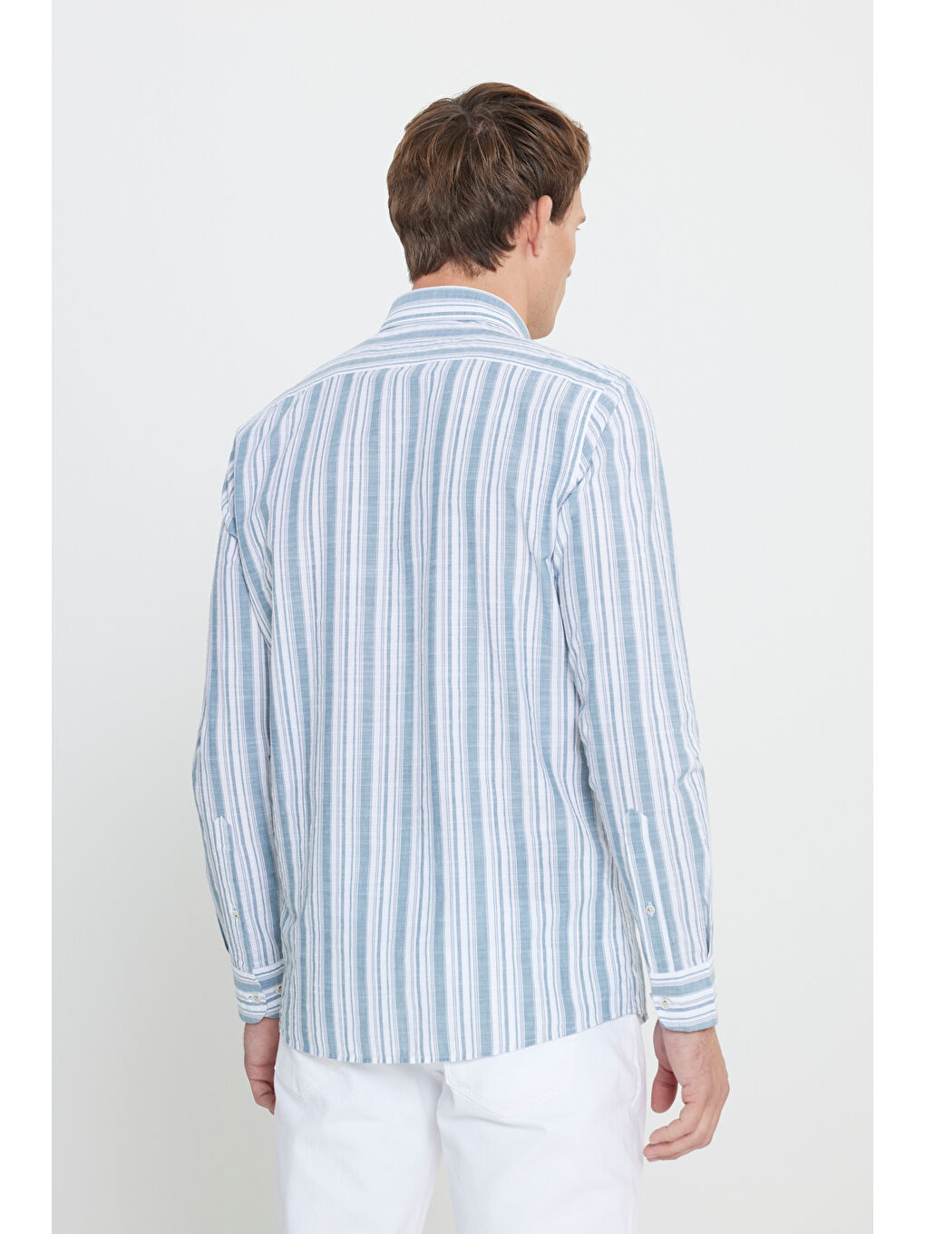 Lila Erkek Ekru-Yeşil Slim Fit Dar Kesim %100 Pamuk Gizli Düğme Yaka Çizgili Gömlek-4