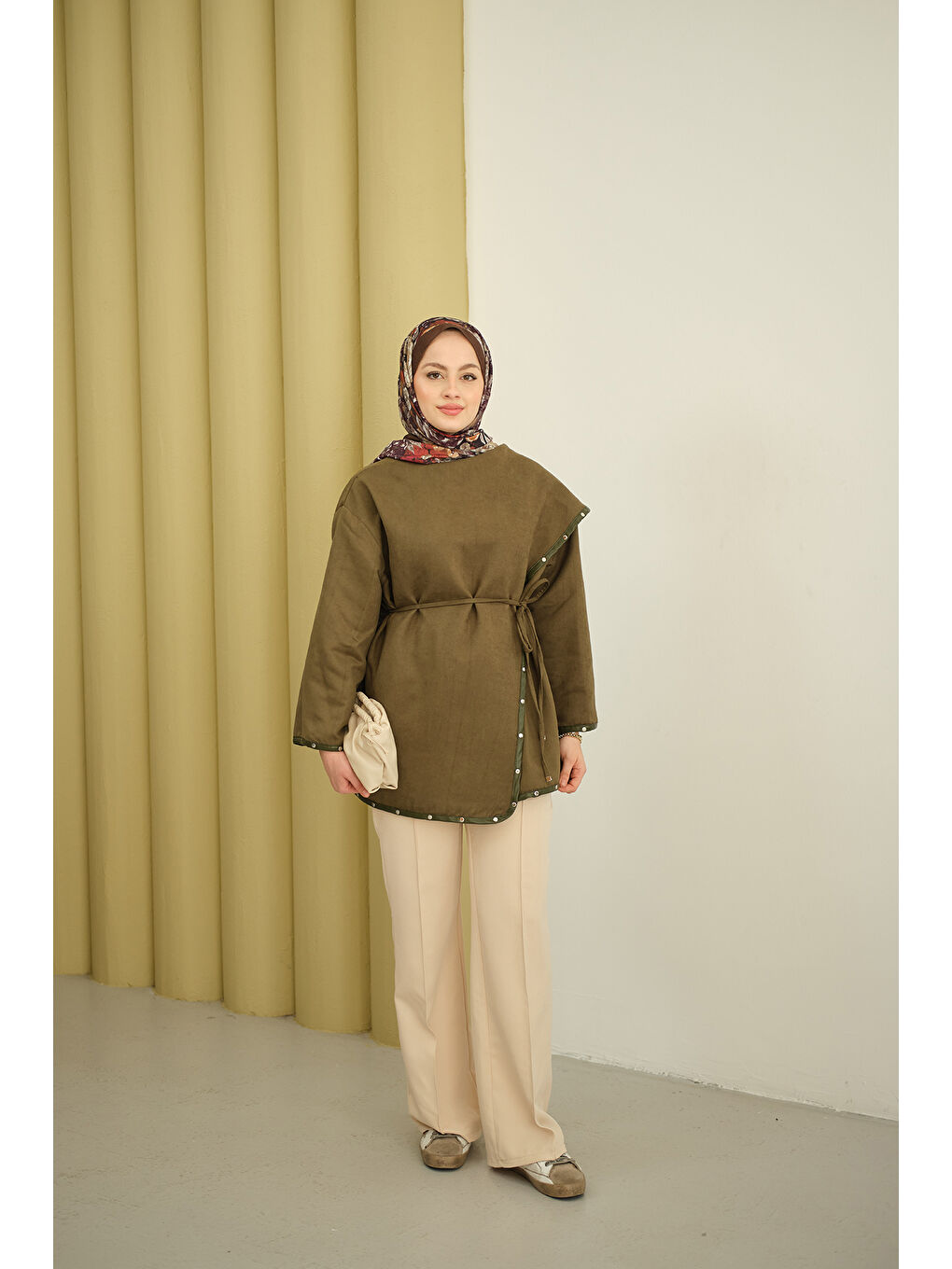 Kadın Dikişleri Deri Detay Ceket Haki Yeşil-4