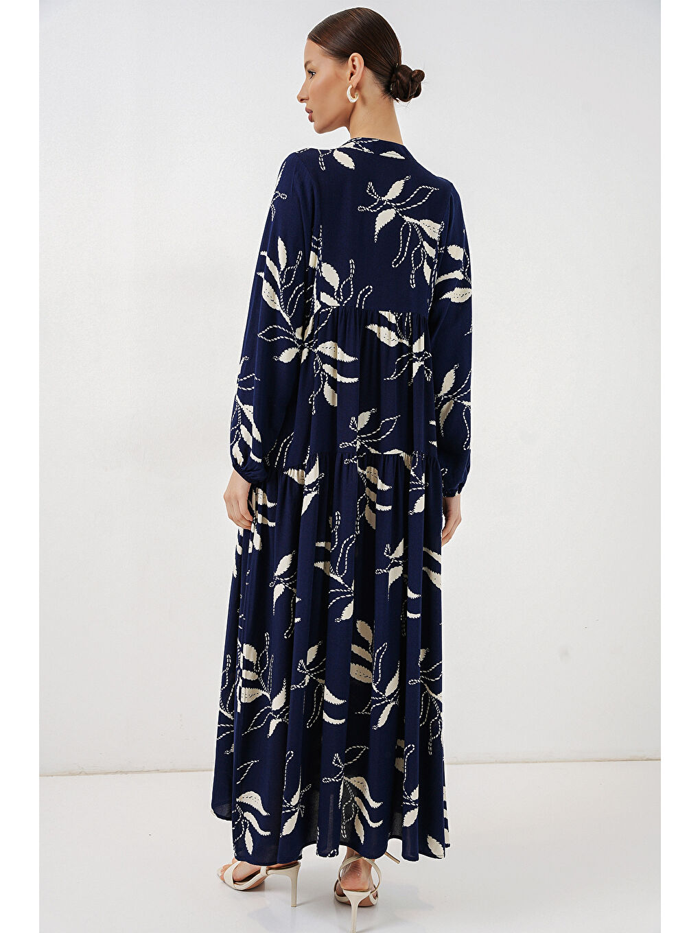 Kadın Desenli Uzun Tesettür Elbise 2585 - D.Lacivert-6