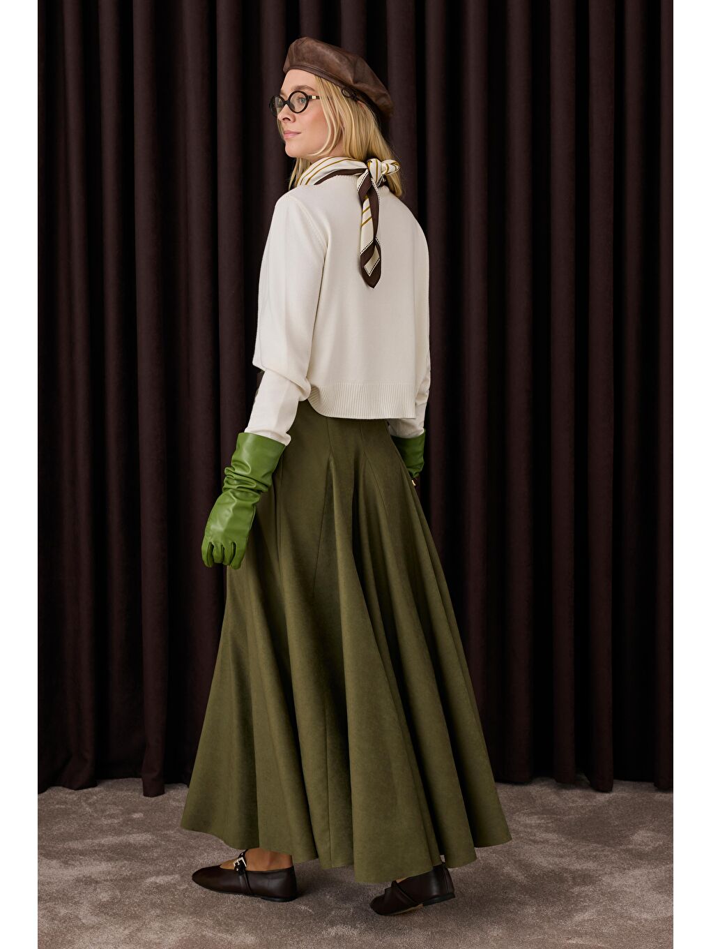 Yeşil Volanlı Süet Etek Yosun-3