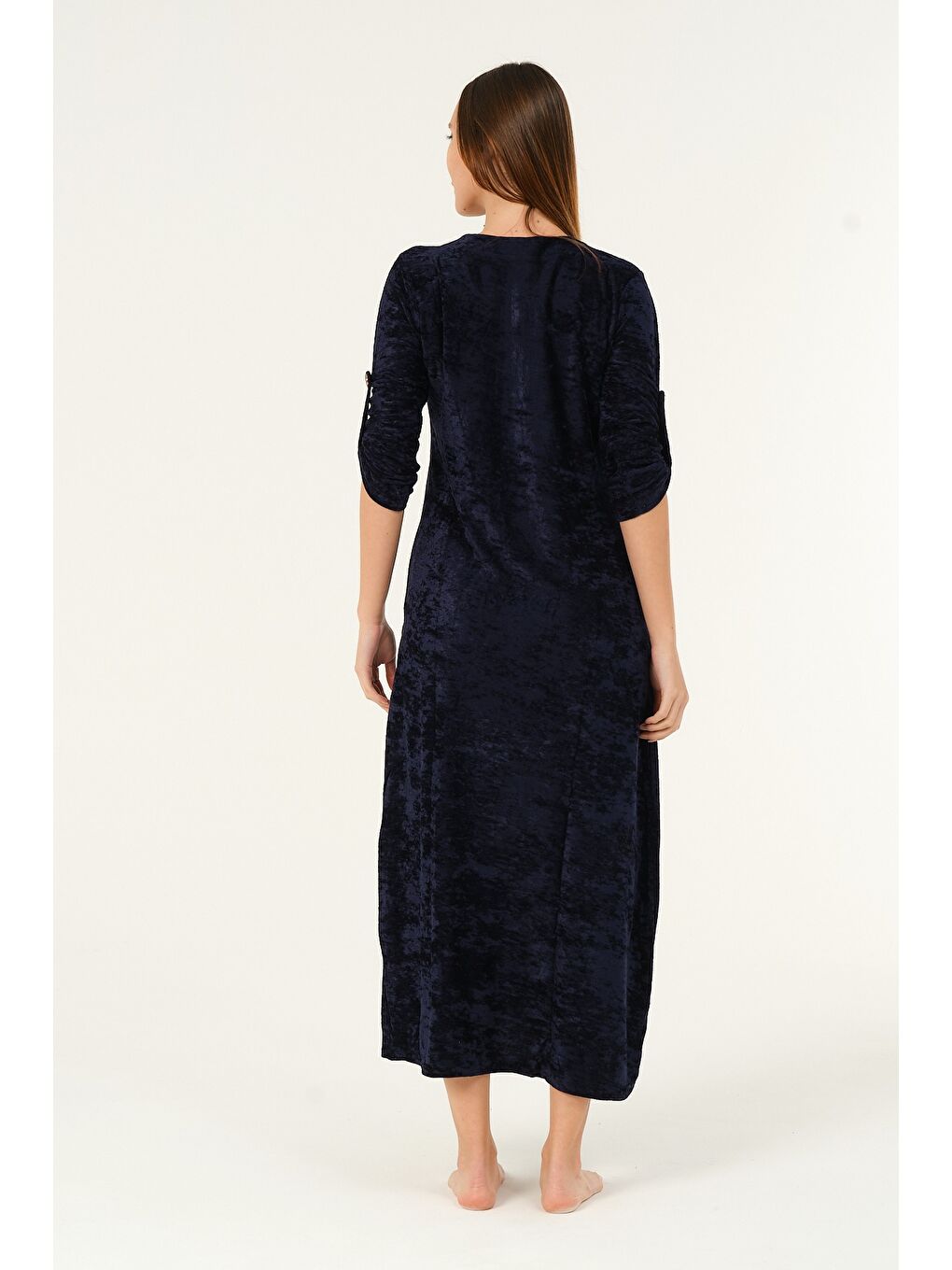 Lacivert lacivert maxi boy cepli düğmeli kadife uzun elbise-4