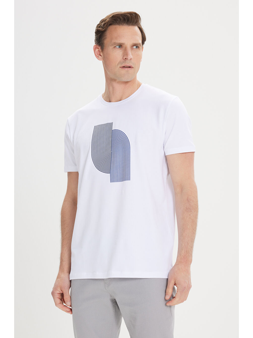 Erkek Beyaz Slim Fit Dar Kesim Pamuklu Esnek Baskılı Bisiklet Yaka Tişört