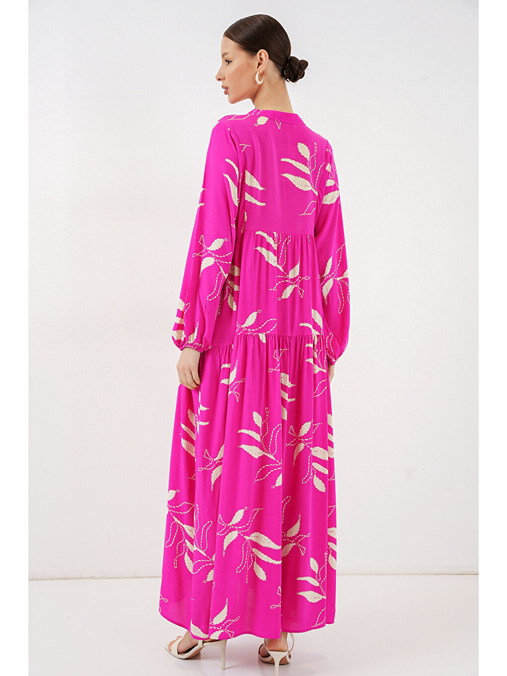 Kadın Desenli Uzun Tesettür Elbise 2585 - Y.Fuşya-5