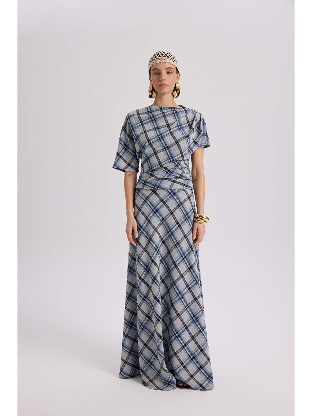 Petunya Ekoseli Mavi Crop Etek Takım-1