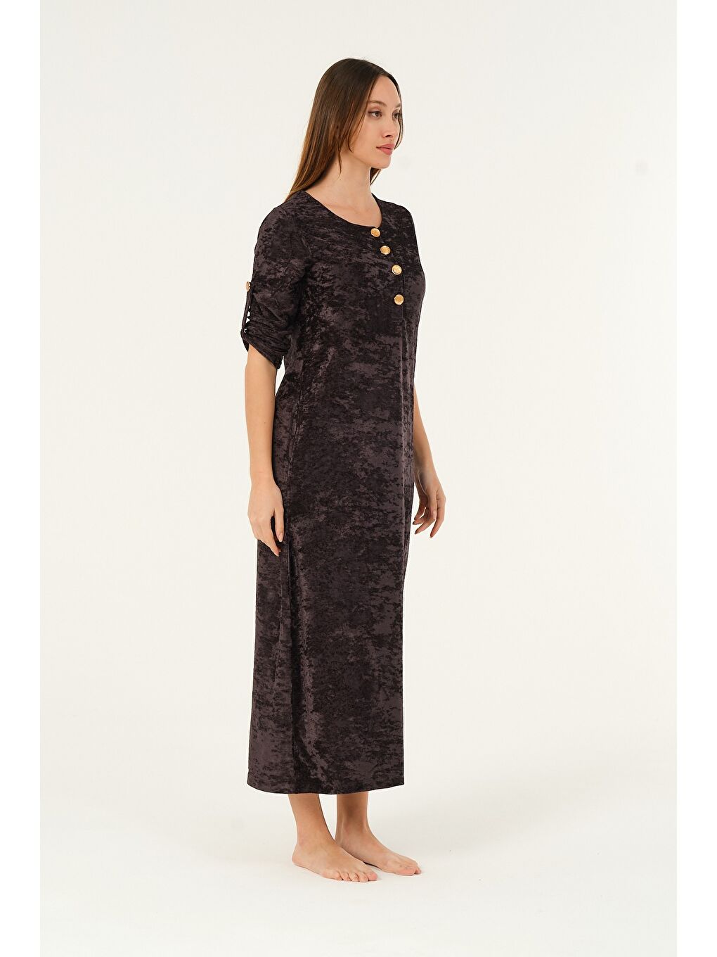 Antrasit lacivert maxi boy cepli düğmeli kadife uzun elbise-1