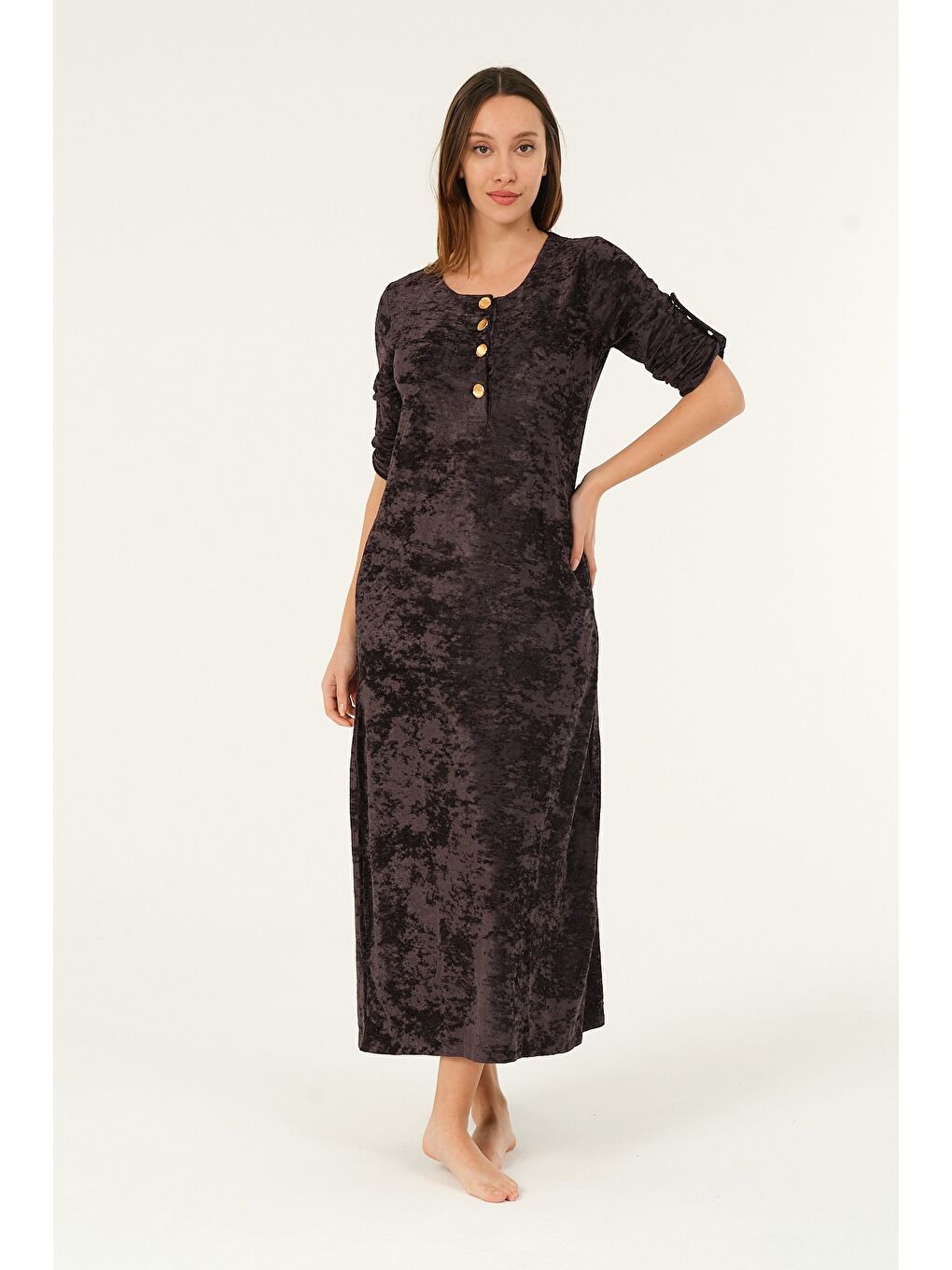 Antrasit lacivert maxi boy cepli düğmeli kadife uzun elbise-2