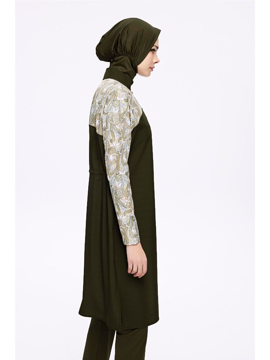 Kolları Desenli Haki 3 Parça Dokuma Tam Tesettür Mayo Takımı 2277-1