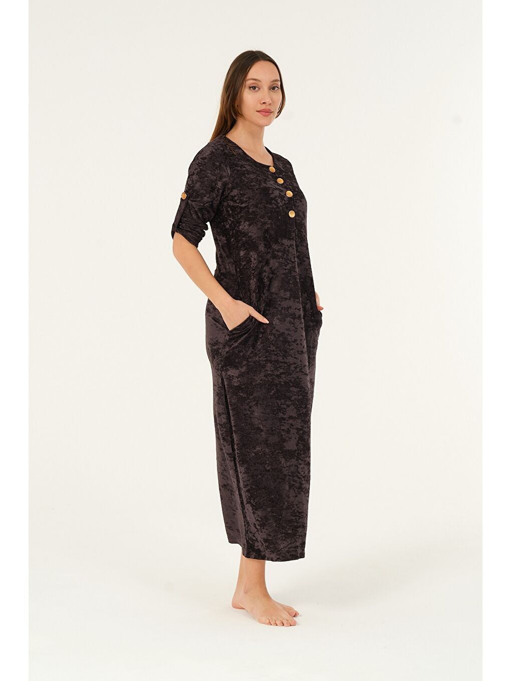 Antrasit lacivert maxi boy cepli düğmeli kadife uzun elbise-3