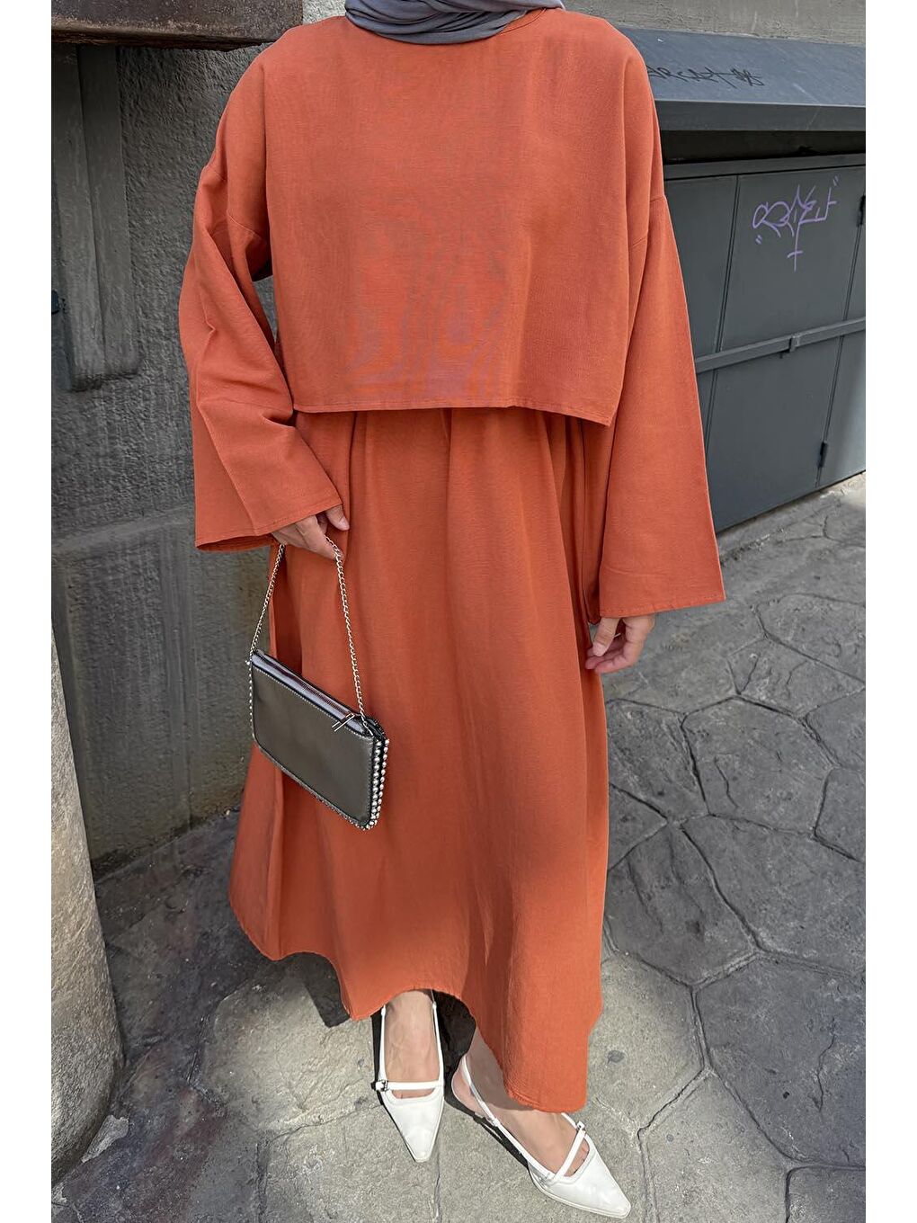 Kahverengi Etekli Tesettür Takım Kiremit-2