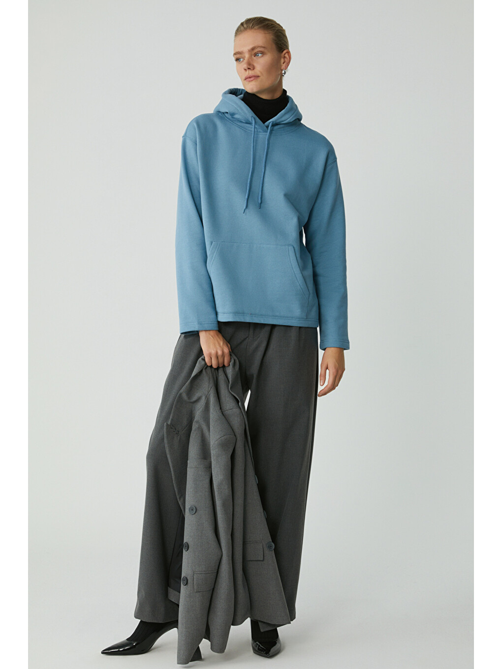 Pıper Kadın Içi Polarlı Yumuşacık Comfort Fit Kapüşonlu Kanguru Cepli Mavi Sweatshirt-3