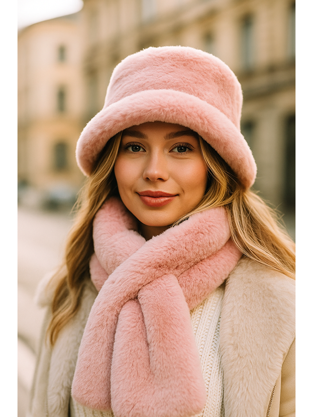 Pembe Kadın Pudra 2 li Set Pelüş Bucket Şapka Boyunluk Atkı Set01-1