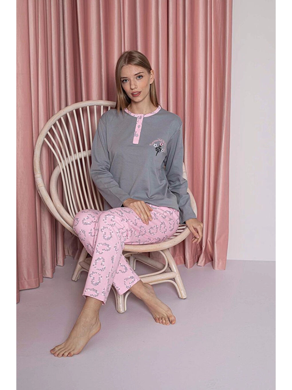 Bej Desenli Kadın Pijama Takımı 3018