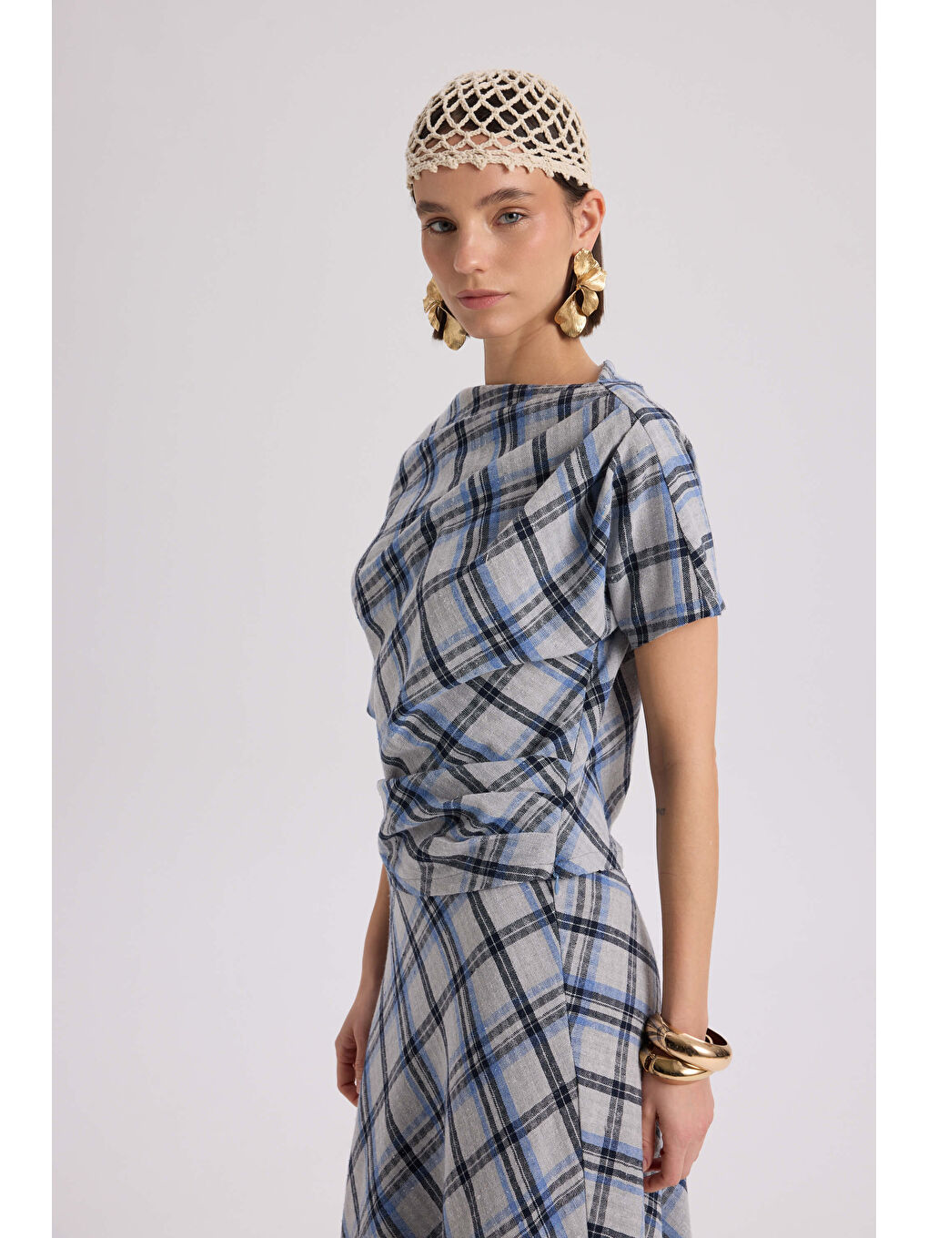 Petunya Ekoseli Mavi Crop Etek Takım-2